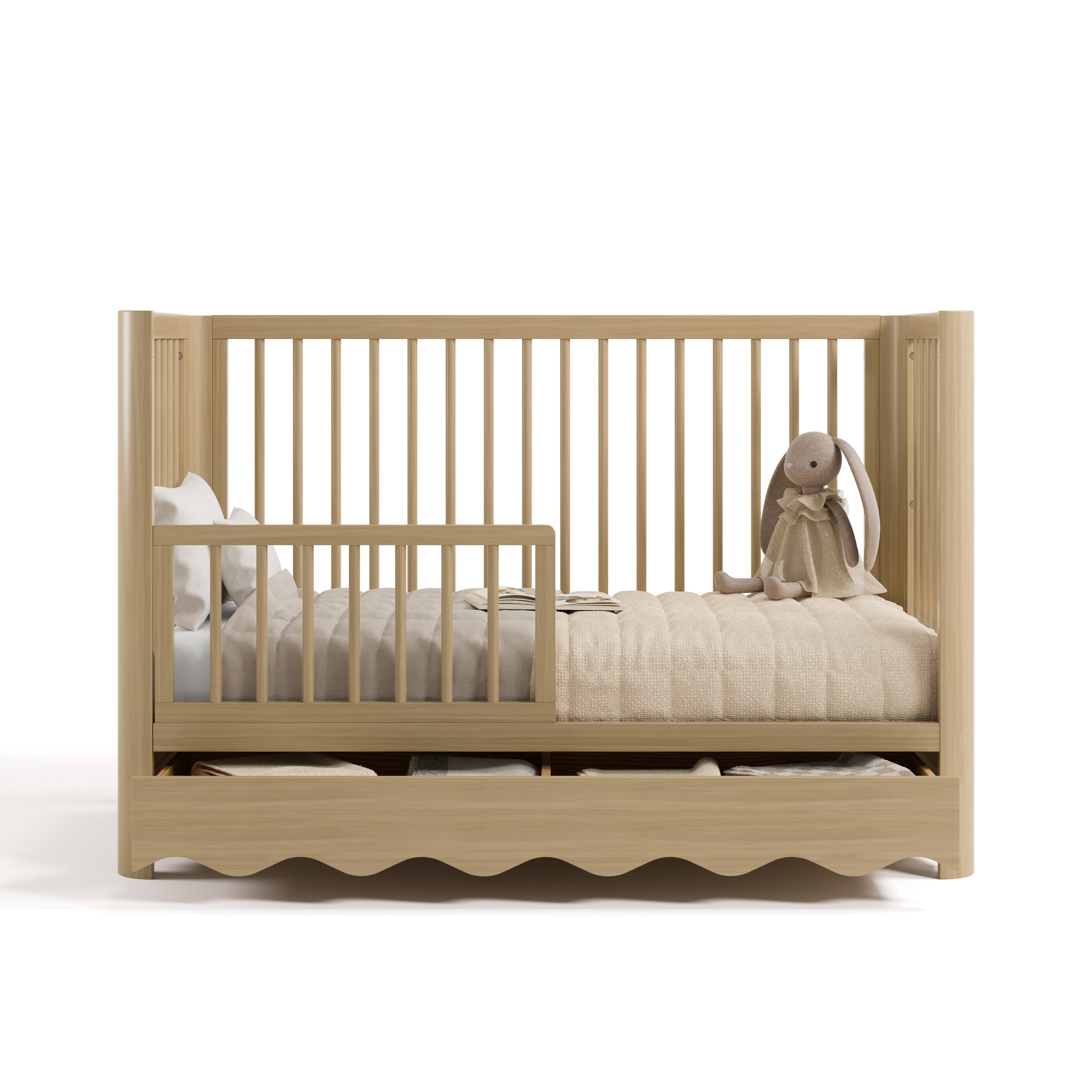Casablanca driftwood crib with drawer converted to toddler bed with guardrail attached