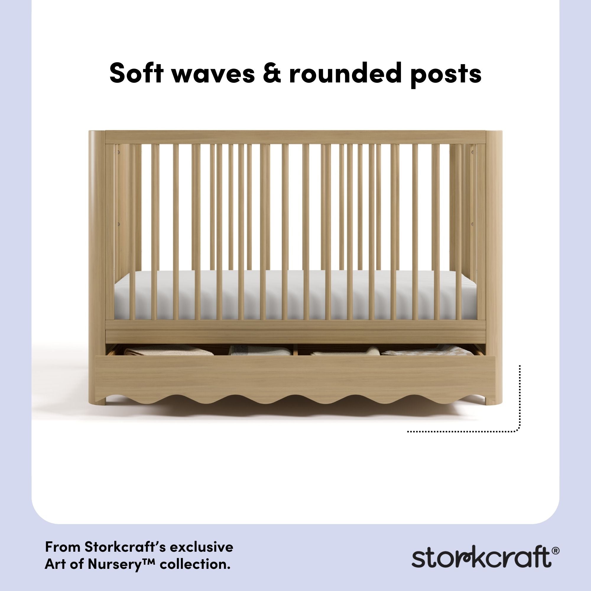 Casablanca driftwood crib front view showing soft waves and rounded posts callout image