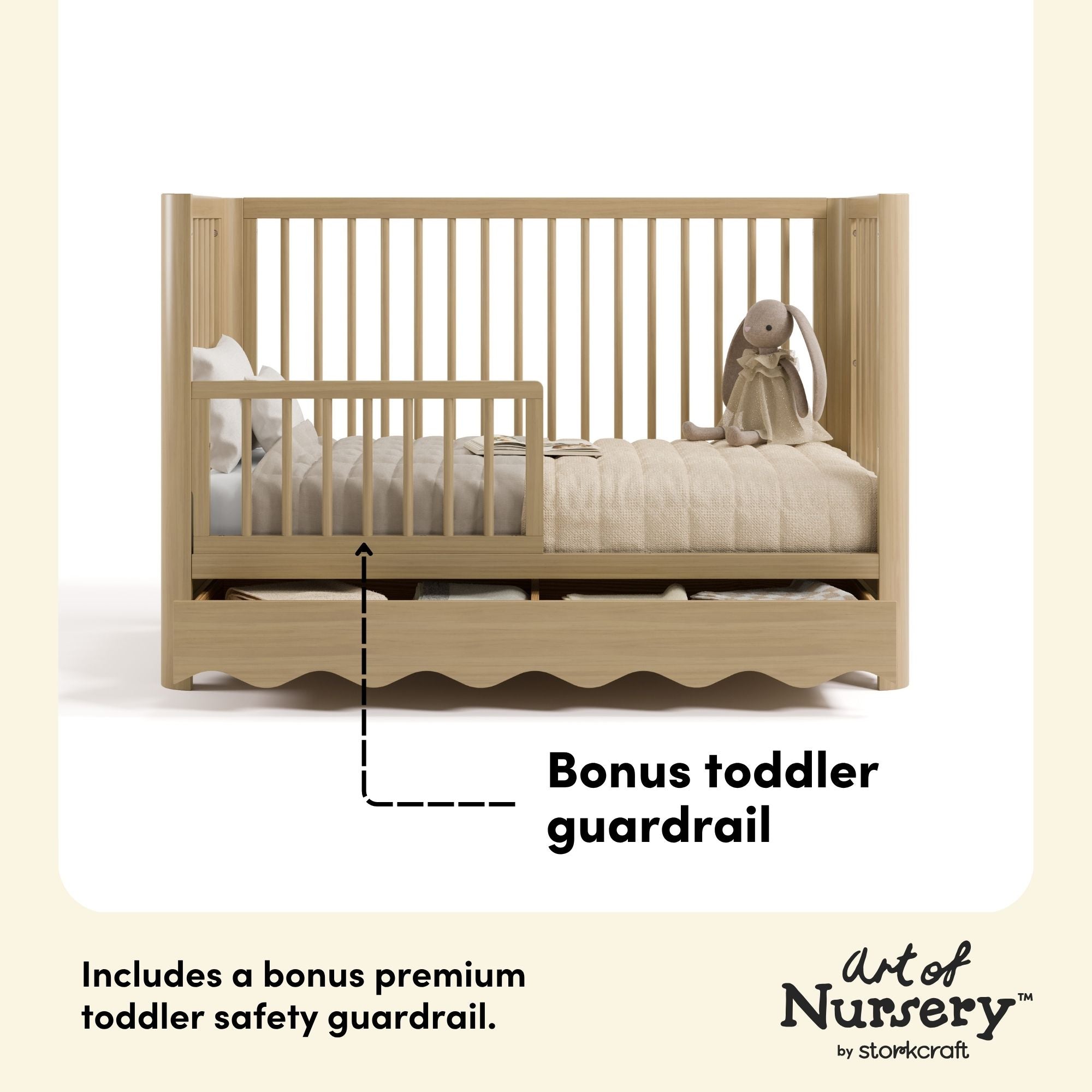 Casablanca driftwood crib with drawer guardrail callout