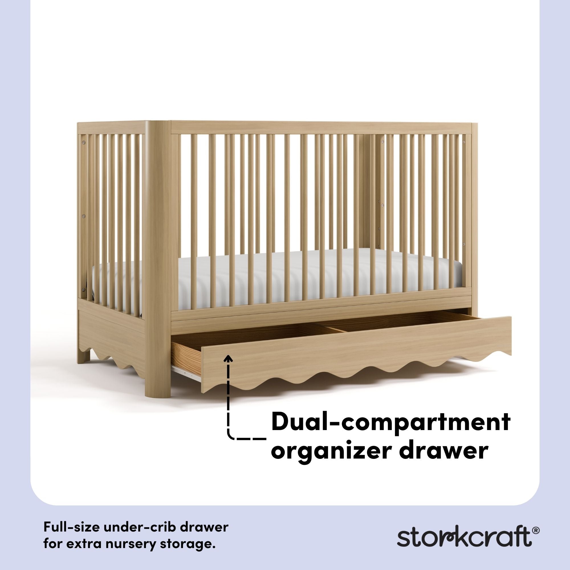 Casablanca driftwood crib angle view with drawer open showing dual-compartment storage drawer callout image