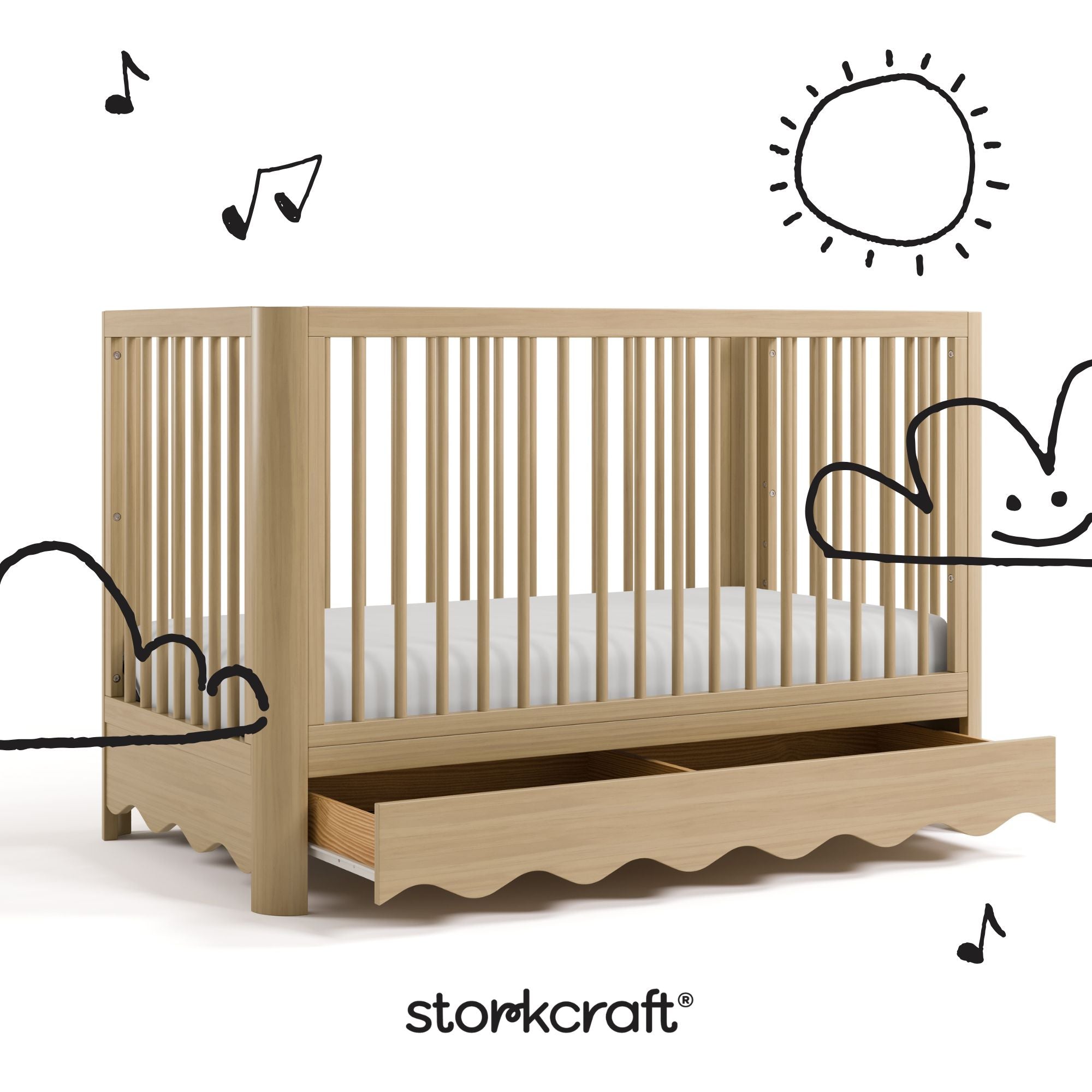 Casablanca driftwood crib angle view with drawer open and black cartoon drawings overlaid on image