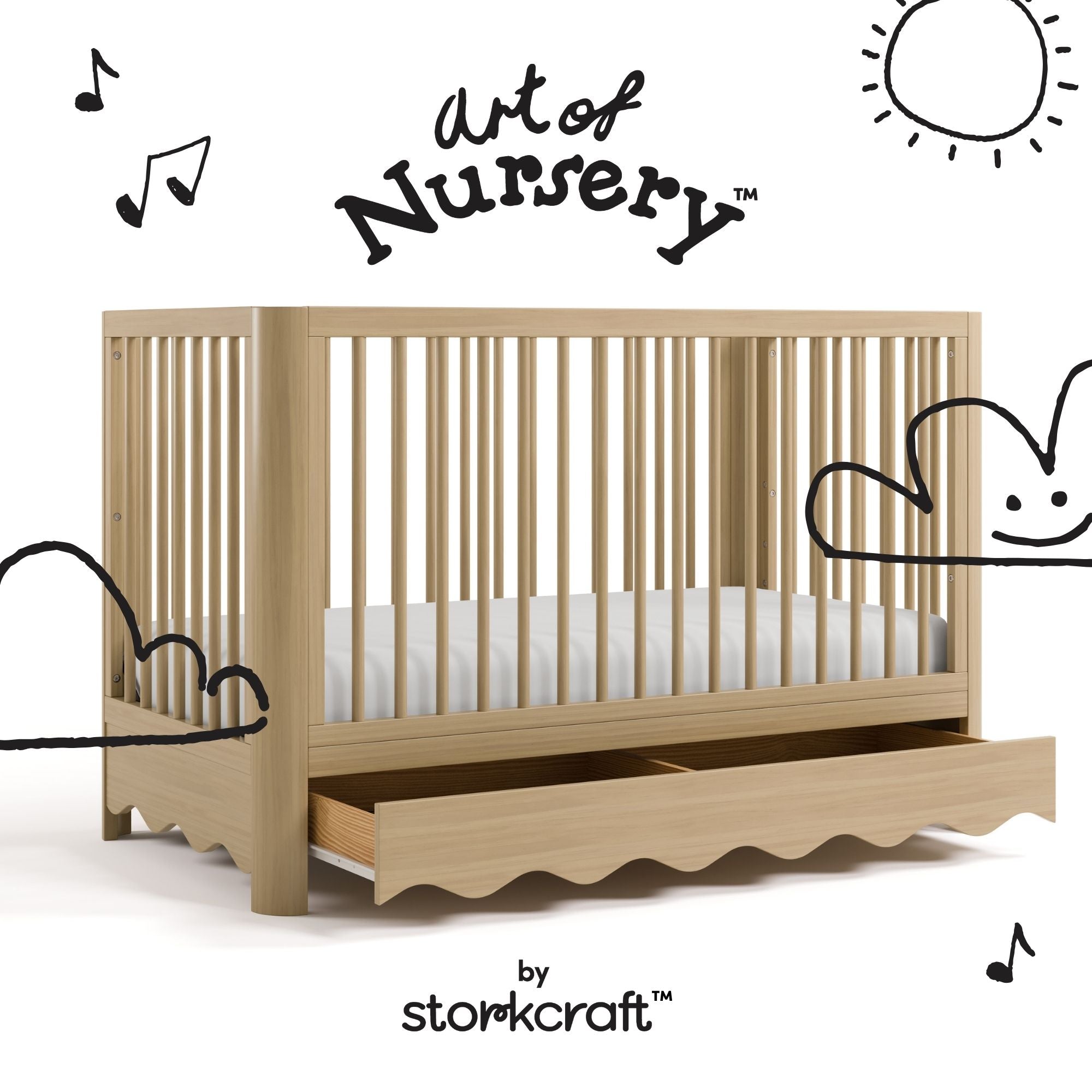 Casablanca driftwood crib with drawer with black doodles overlaid on image