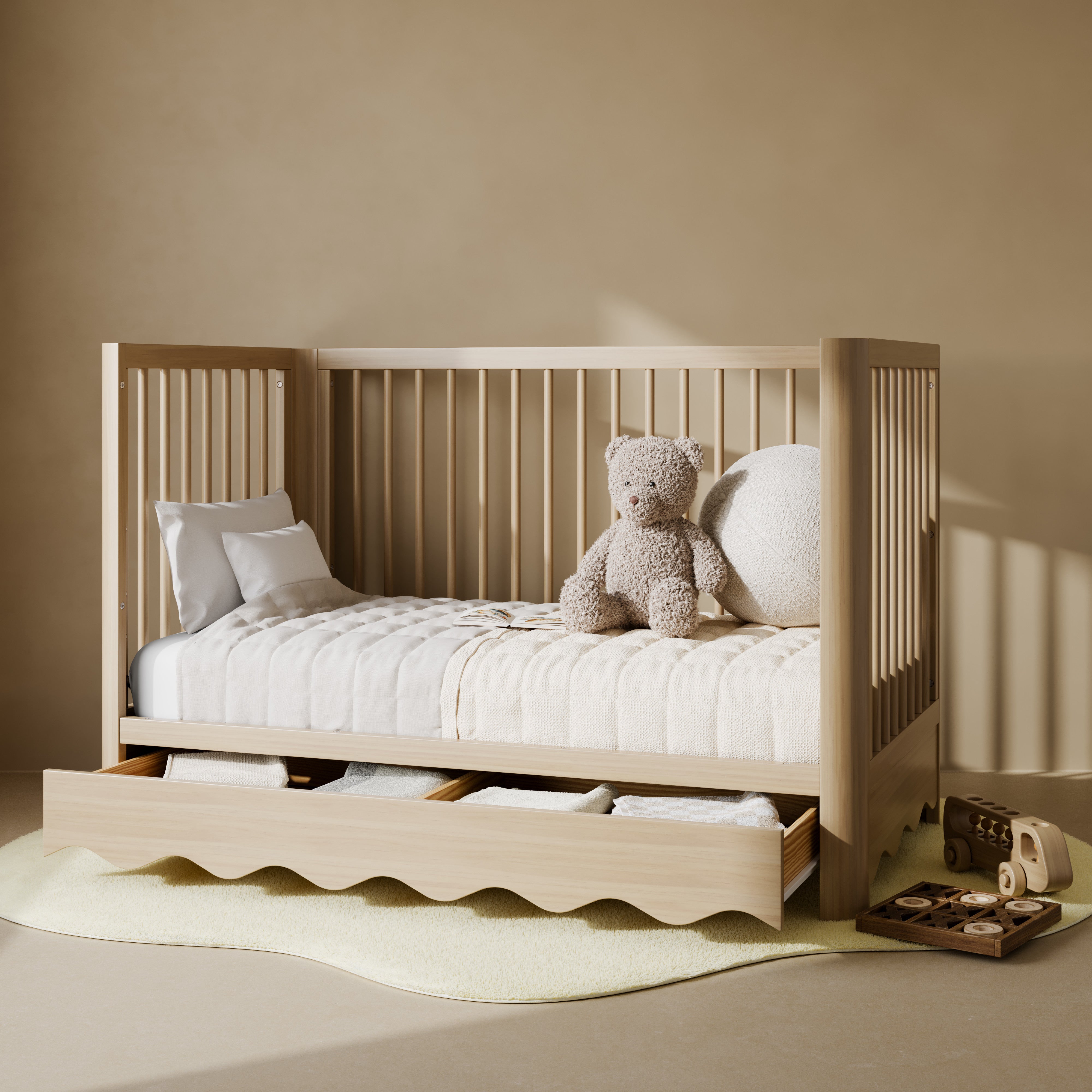 Casablanca driftwood crib with drawer converted to daybed in nursery