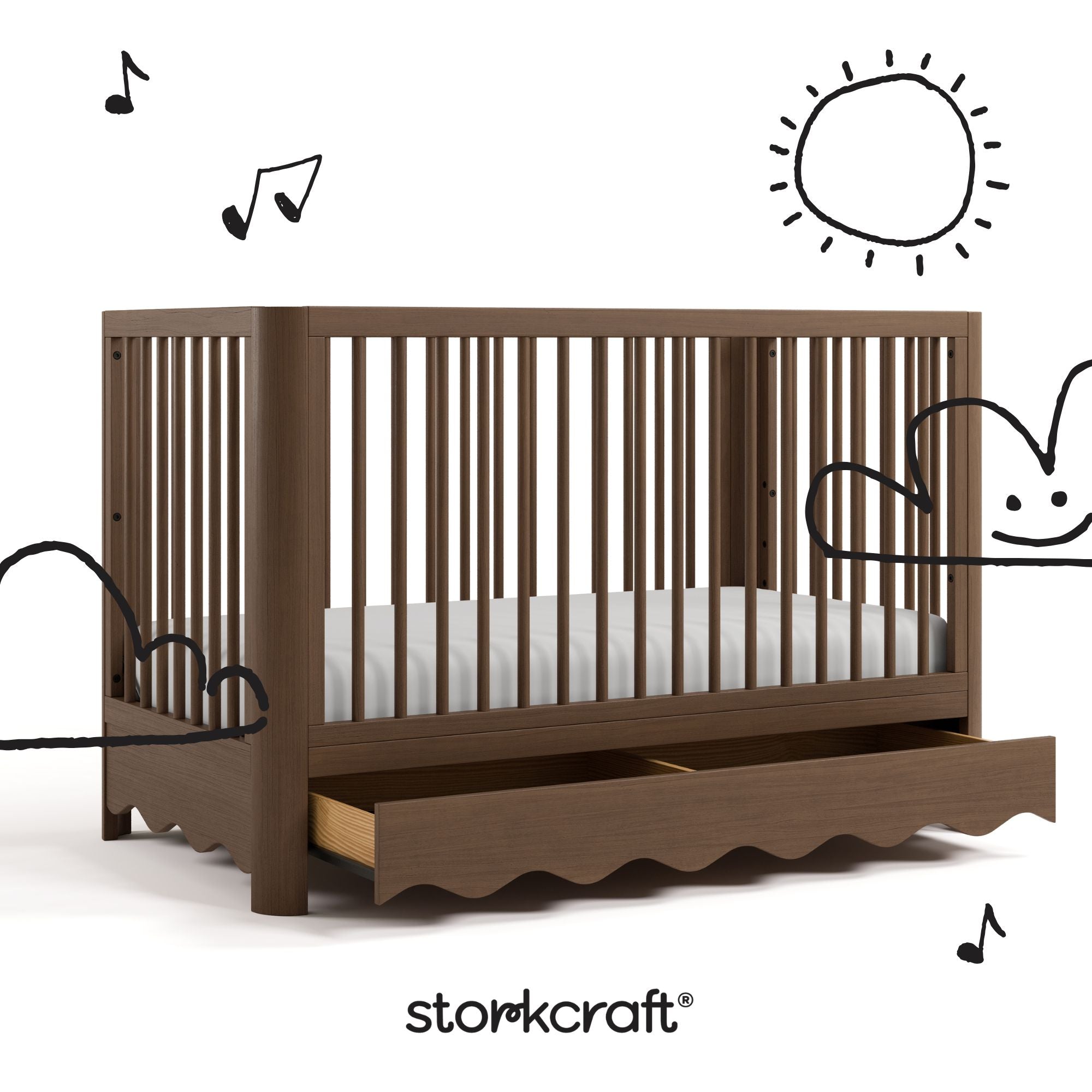 Casablanca hazelnut crib angle view with drawer open and black cartoon drawings overlaid on image