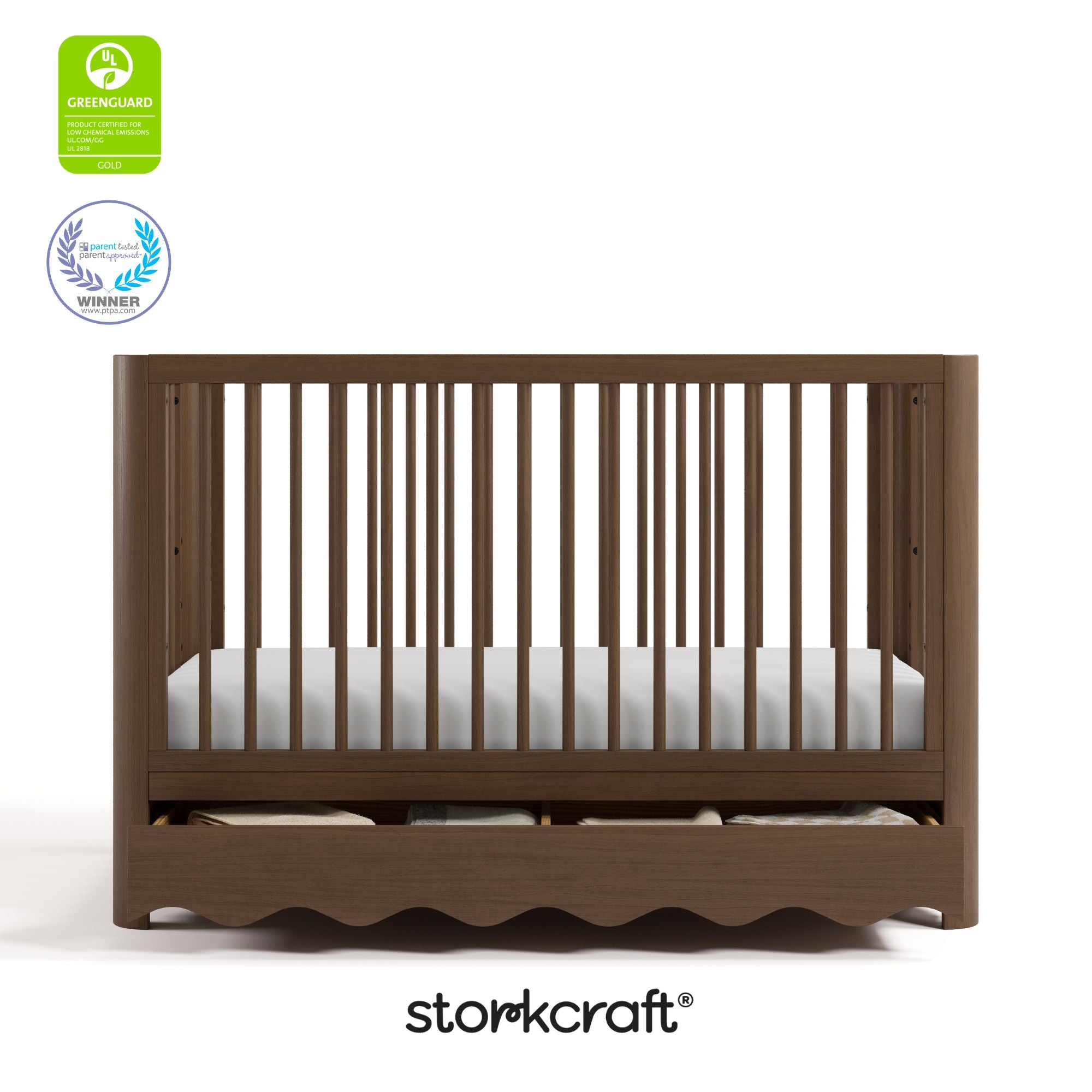 Casablanca hazelnut crib front view with GREENGUARD Gold ad PTPA logos on top left