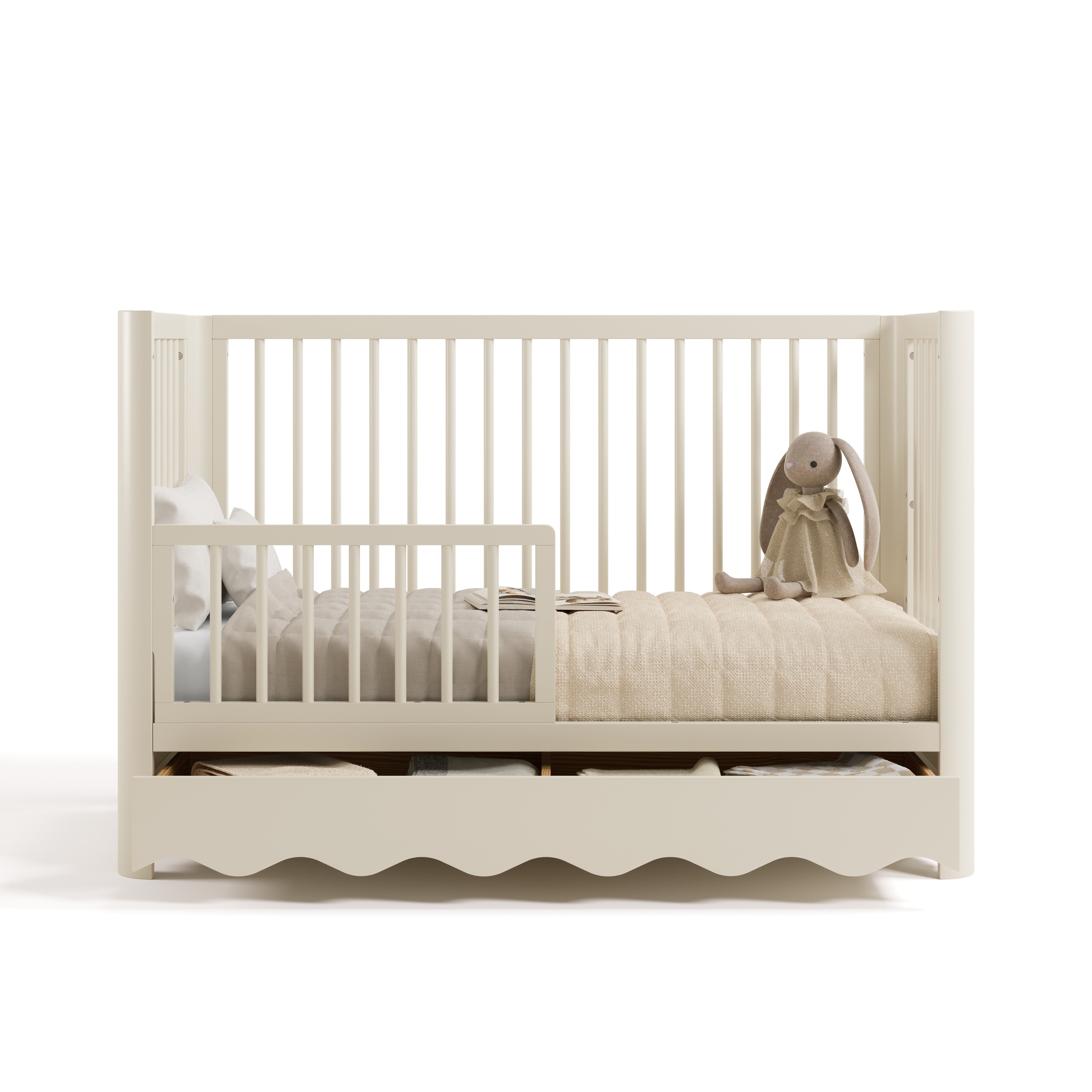 Casablanca frosted oat crib with drawer converted to toddler bed with guardrail attached