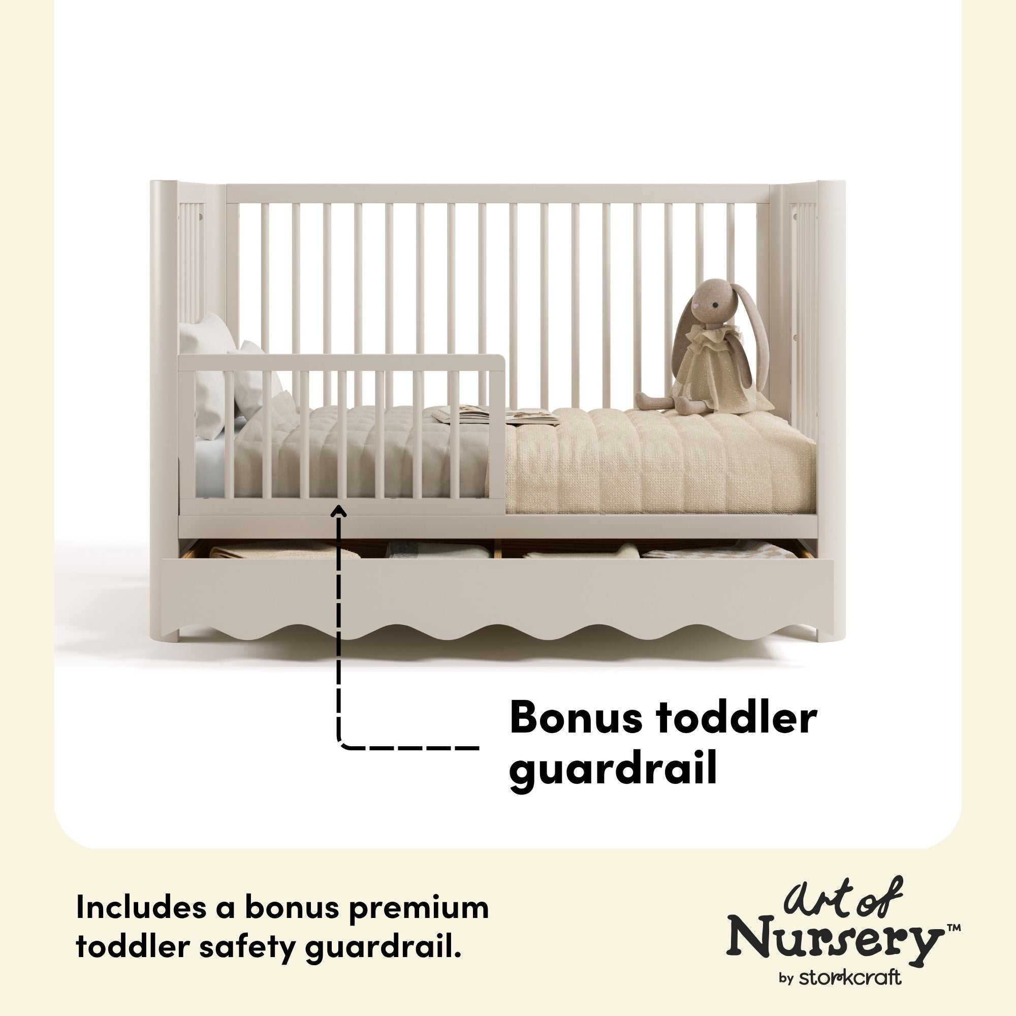 Casablanca frosted oat crib with drawer guardrail callout