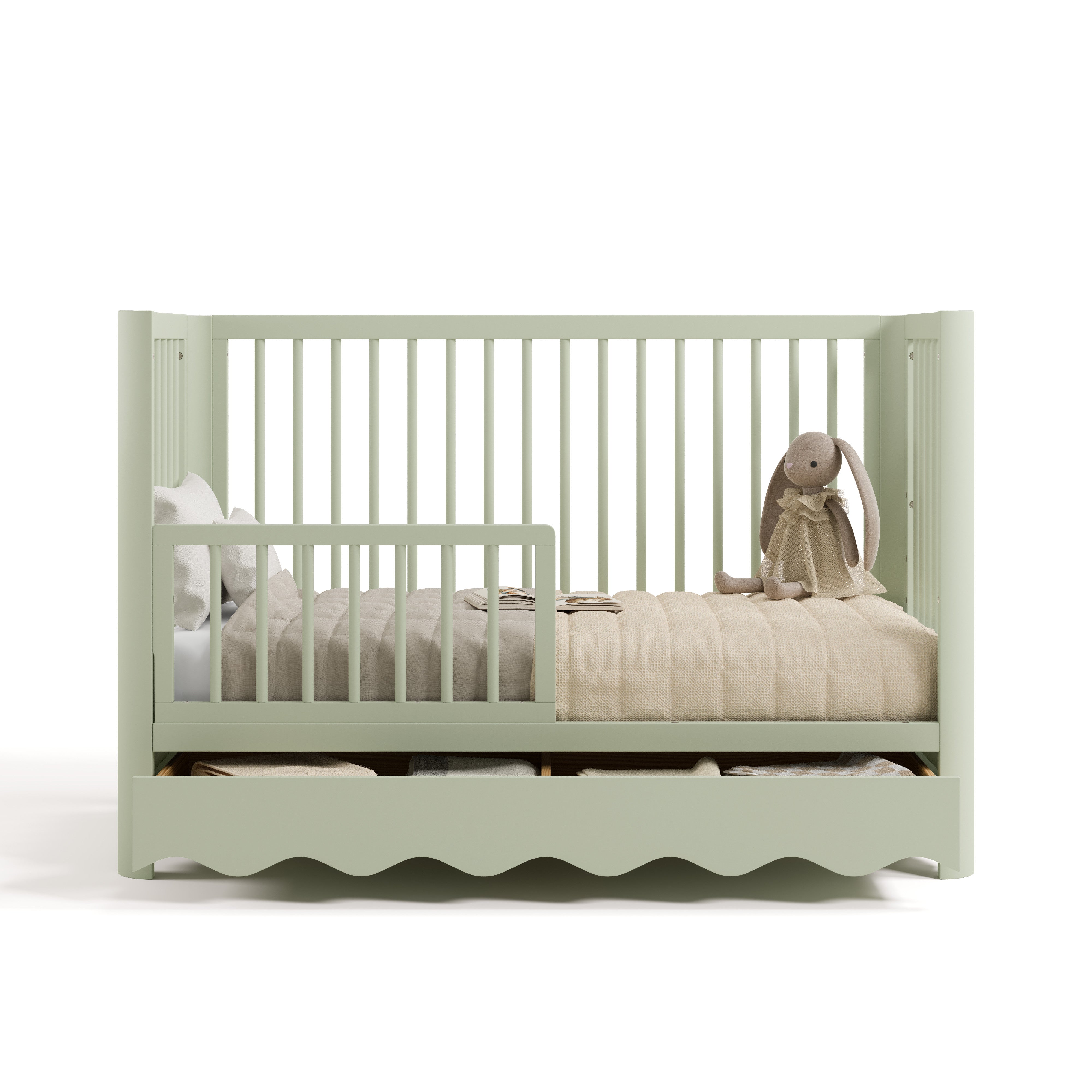 Casablanca sage crib with drawer converted to toddler bed with guardrail attached