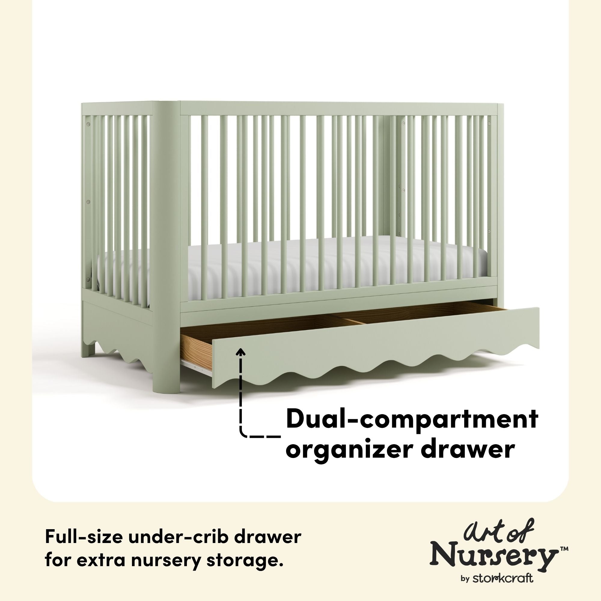 Casablanca sage crib with drawer storage drawer callout