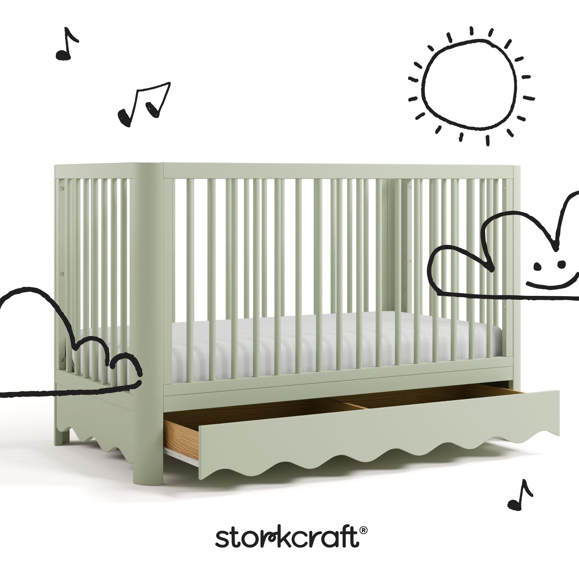 Casablanca sage crib angle view with drawer open and black cartoon drawings overlaid on image
