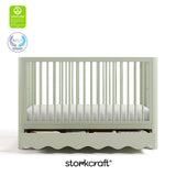 Casablanca sage crib front view with GREENGUARD Gold ad PTPA logos on top left