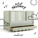 Casablanca sage crib with drawer with black doodles overlaid on image
