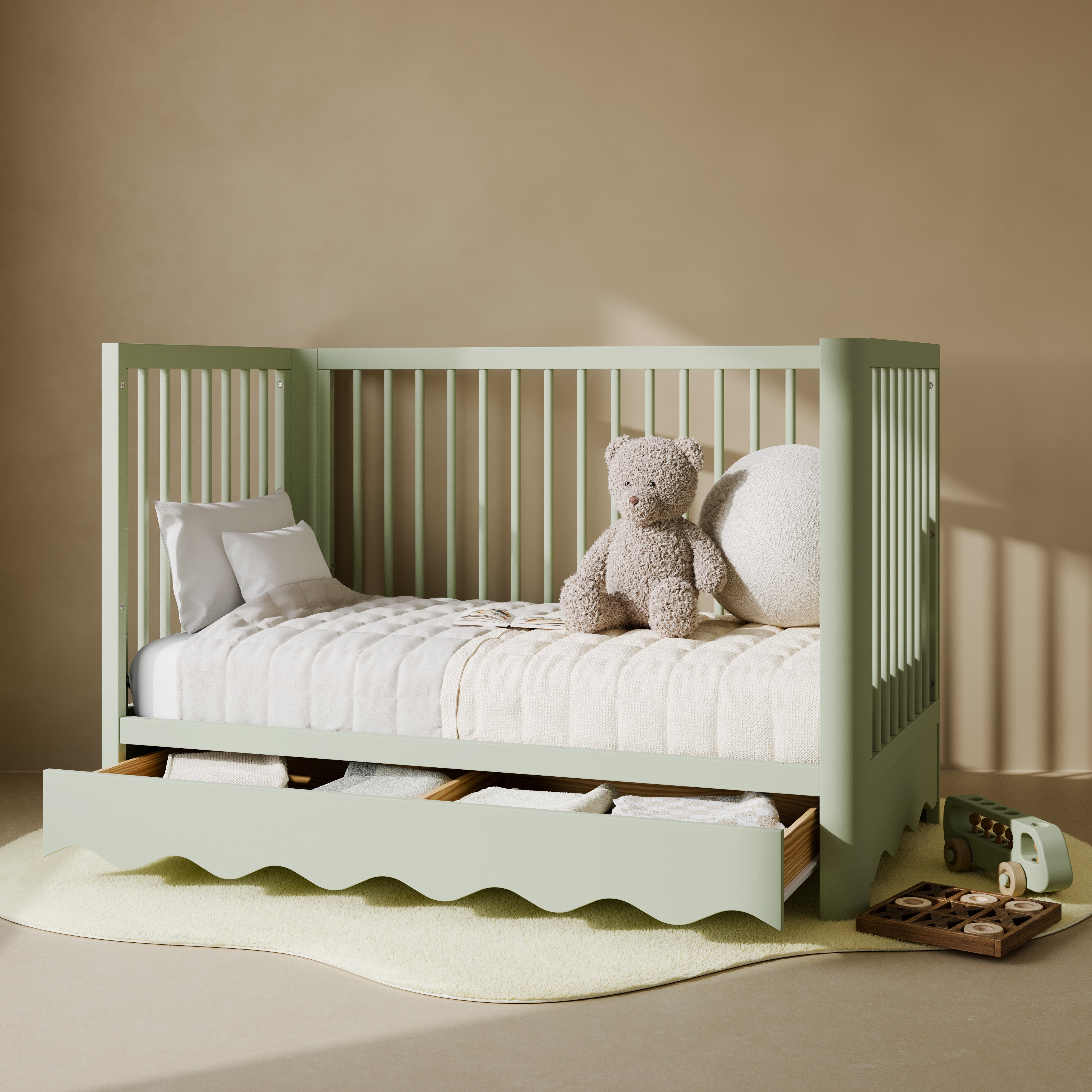 Casablanca sage crib with drawer converted to daybed in nursery