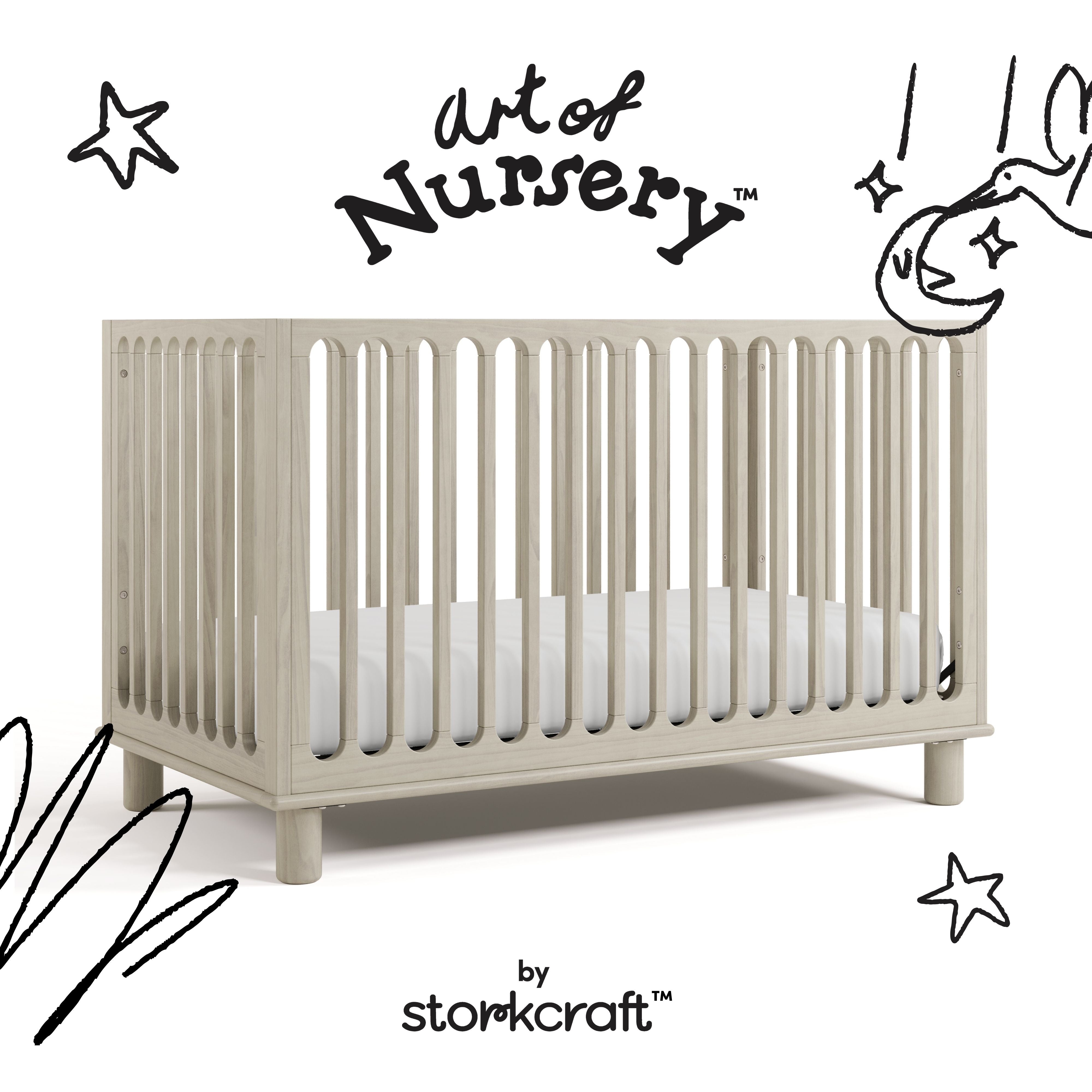 Storkcraft Sicily 3-in-1 Convertible Crib in London Fog call out mage