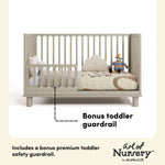 Storkcraft Sicily 3-in-1 Convertible Crib in London Fog bonus toddler rail callout Image