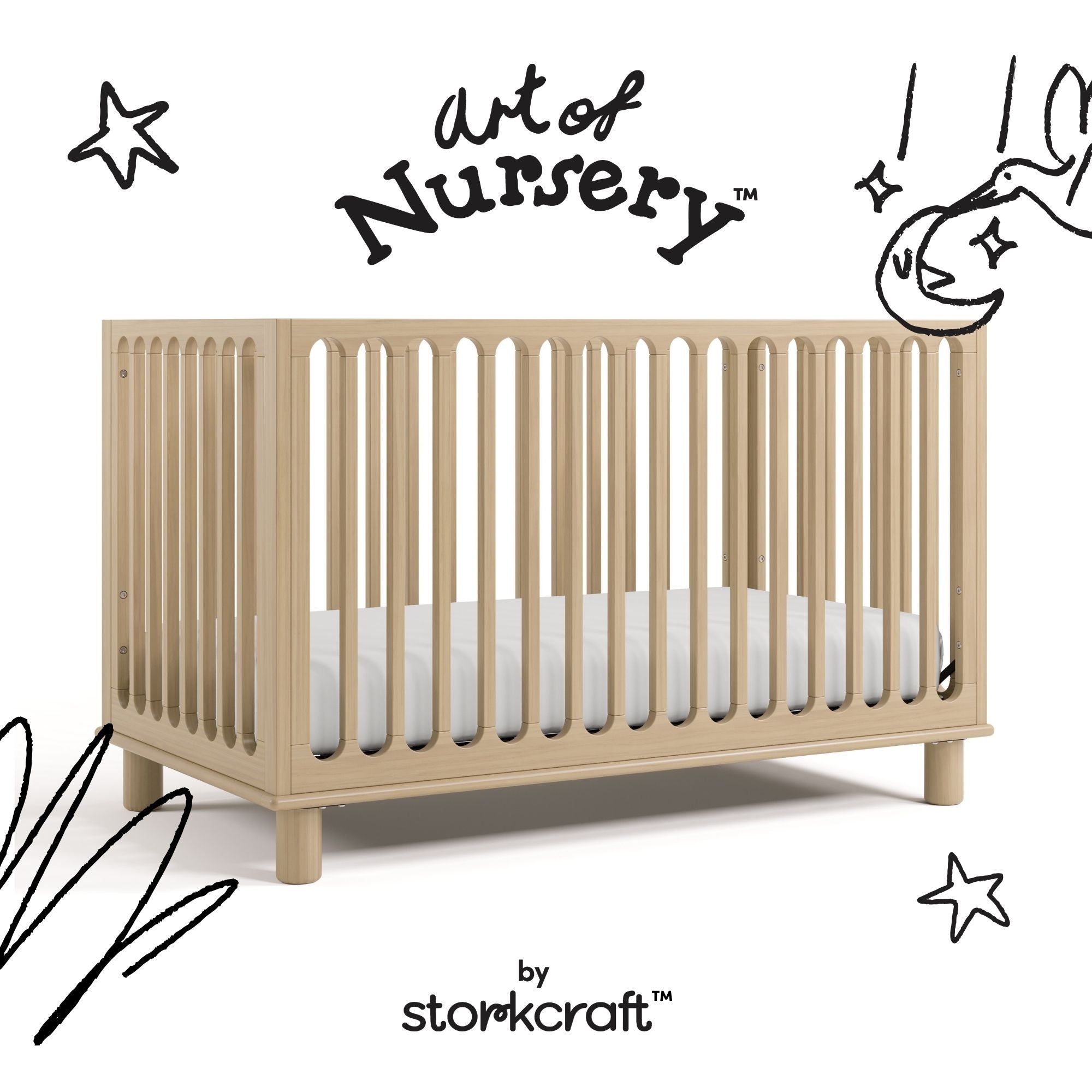 Sicily driftwood crib with black doodles overlaid on image