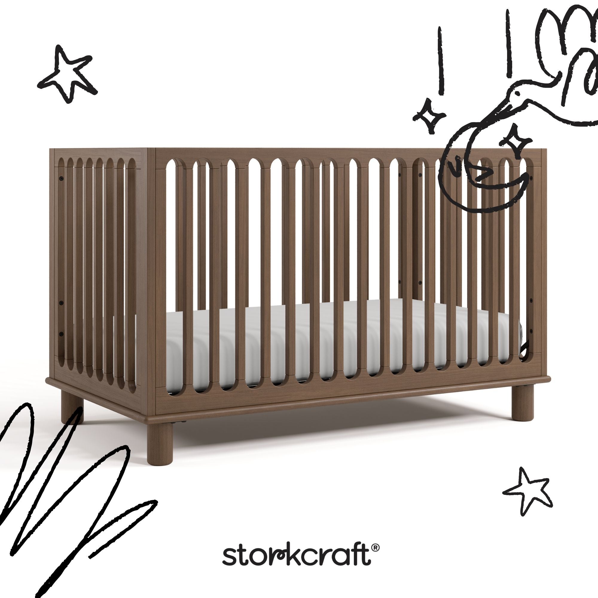 sicily hazelnut crib with black doodles overlaid on image