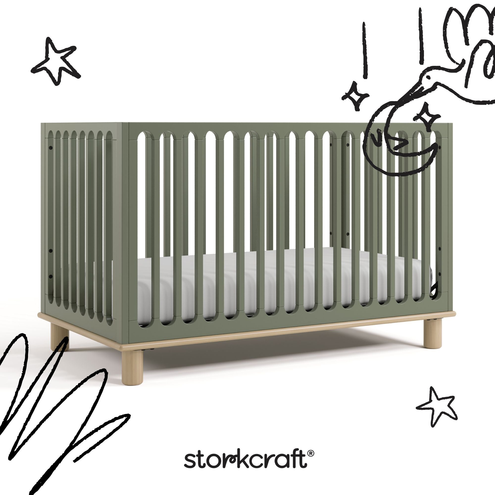 sicily olive with driftwood crib with black doodles overlaid on image