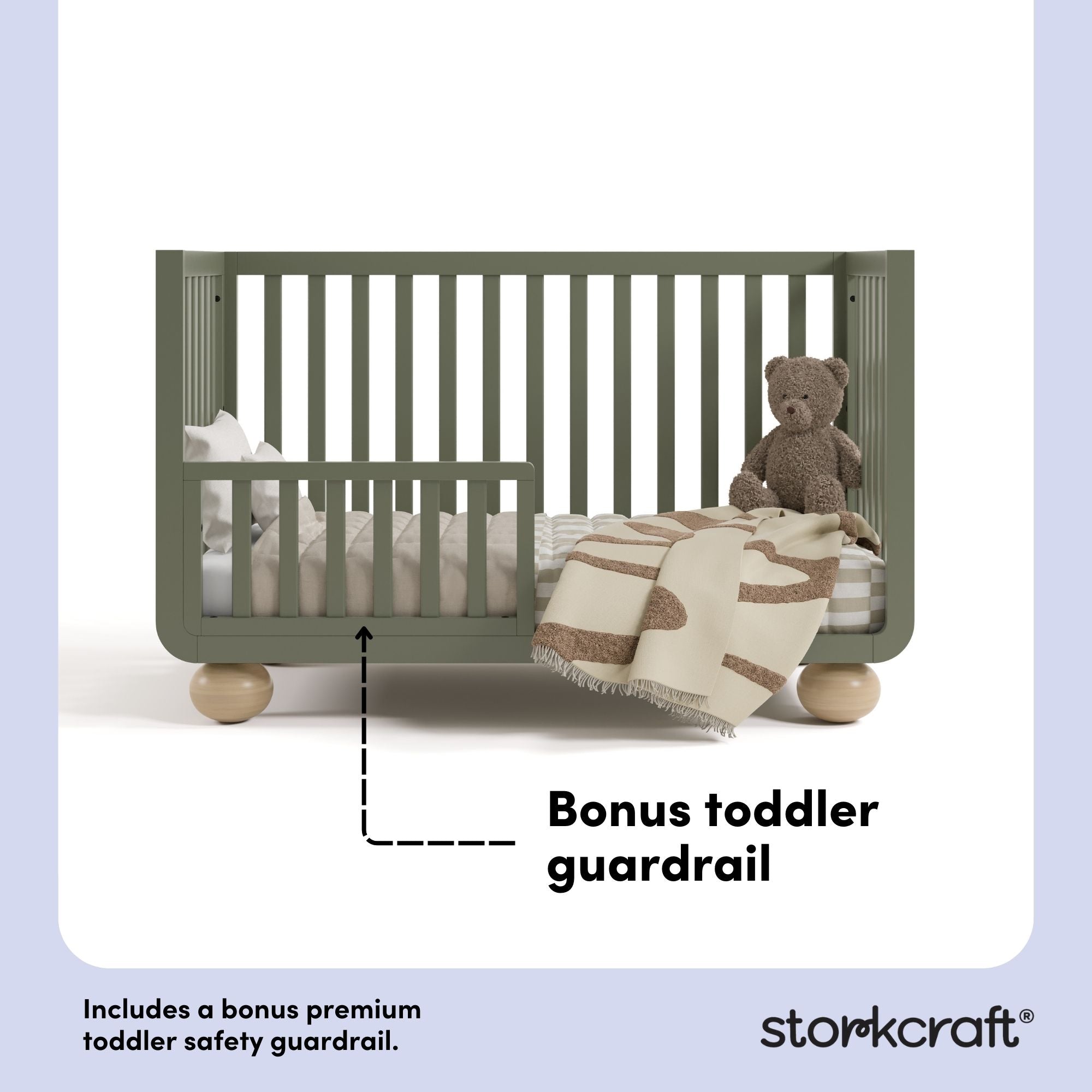 Amalfi olive with driftwood crib bonus toddler guardrail callout