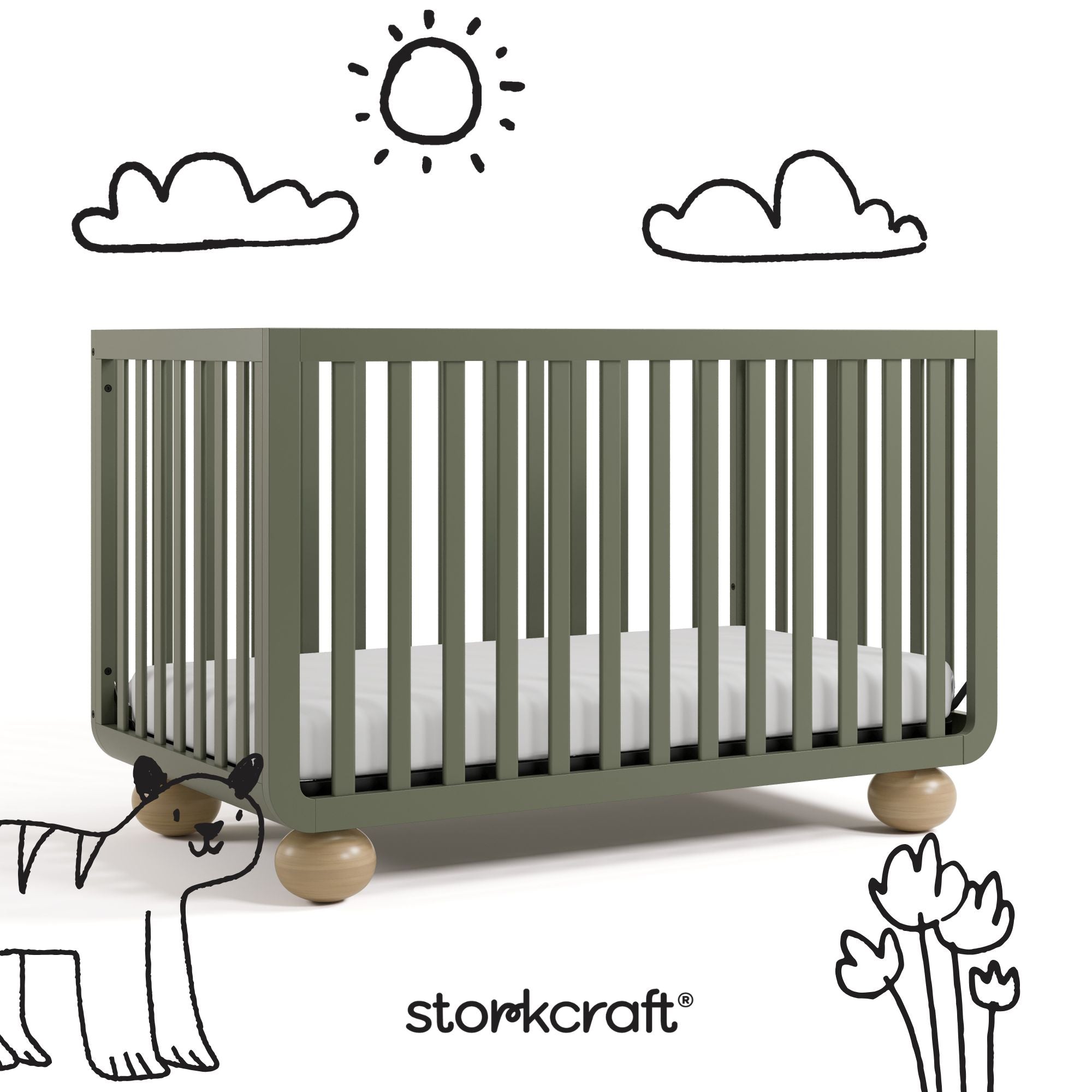 Amalfi olive with driftwood crib with black doodles overlaid on image