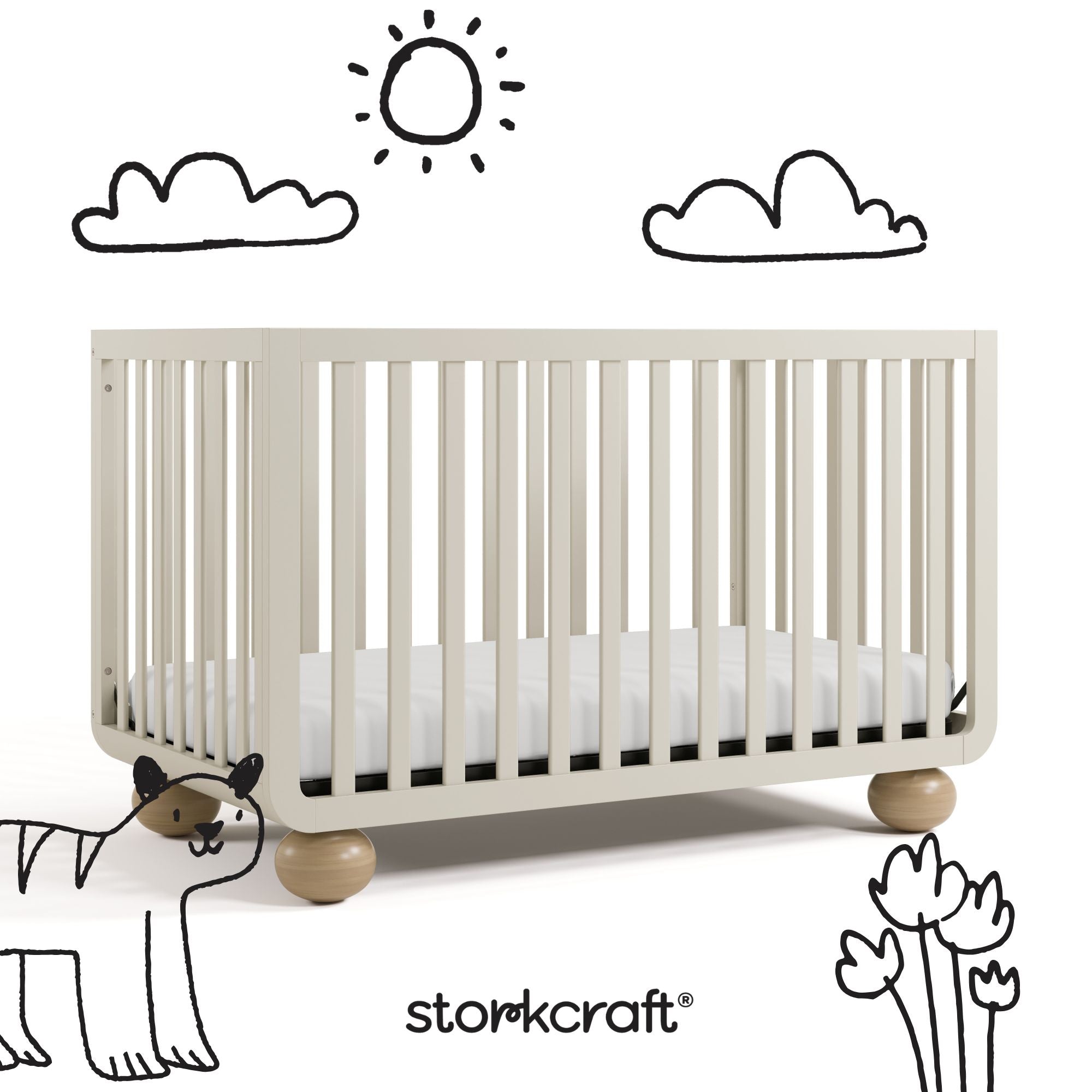 Amalfi frosted oat with driftwood crib with black doodles overlaid on image