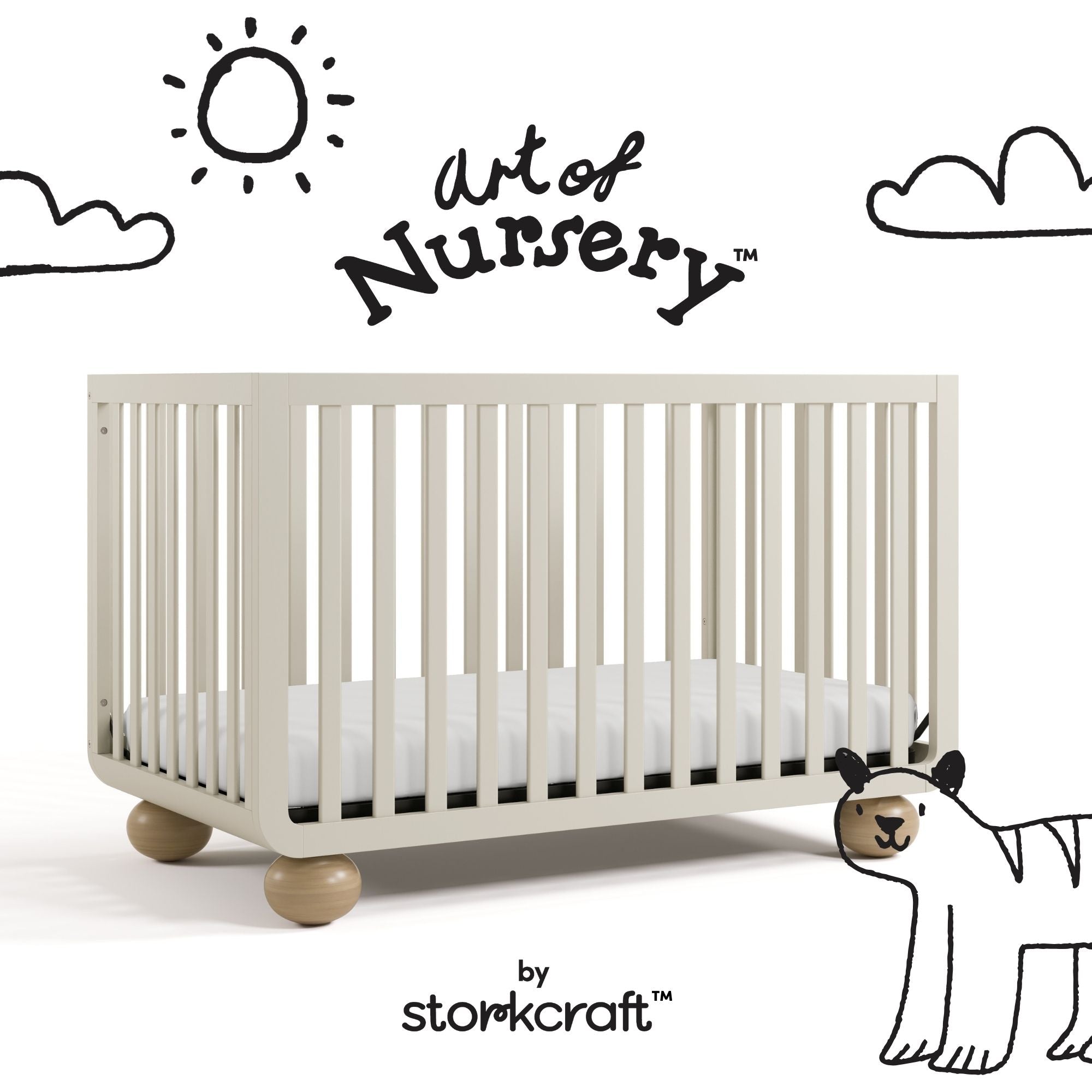 Amalfi frosted oat with driftwood crib with black doodles overlaid on image