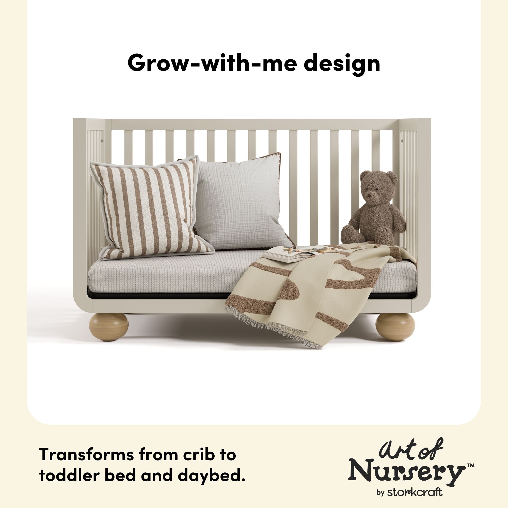 Amalfi frosted oat with driftwood crib grow-with-me design callout