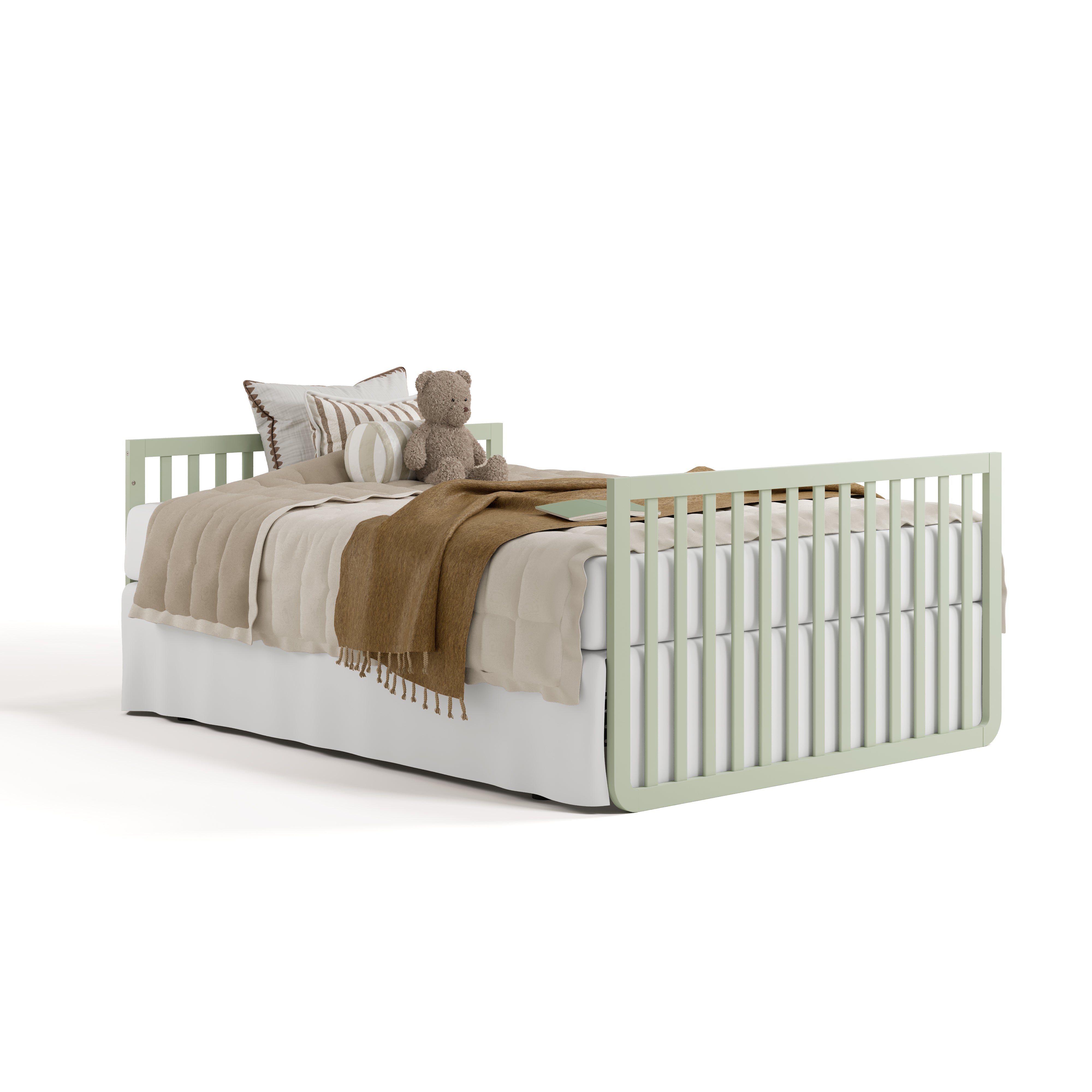 Amalfi sage with driftwood crib converted to full-size bed with footboard