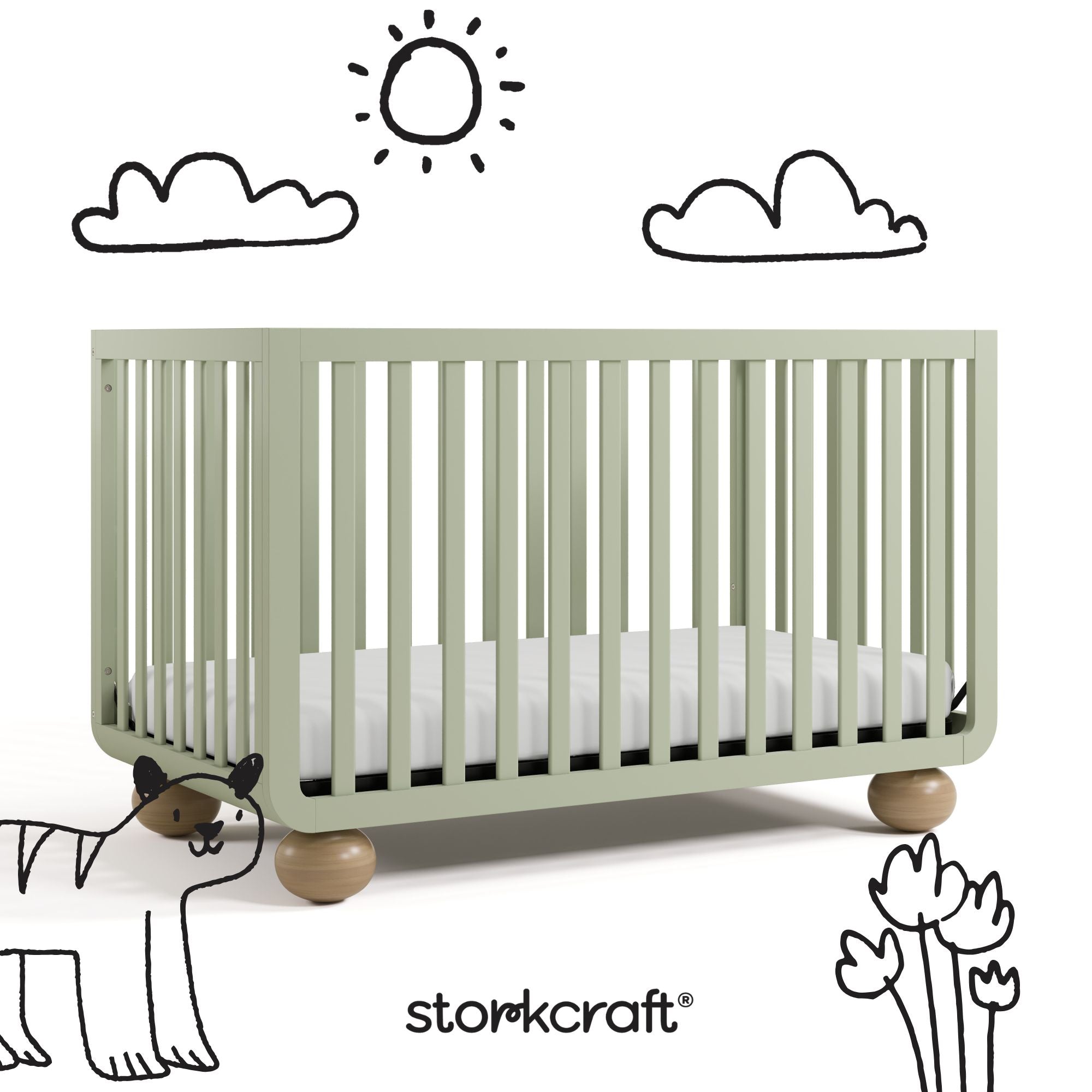 Amalfi sage with driftwood crib with black doodles overlaid on image