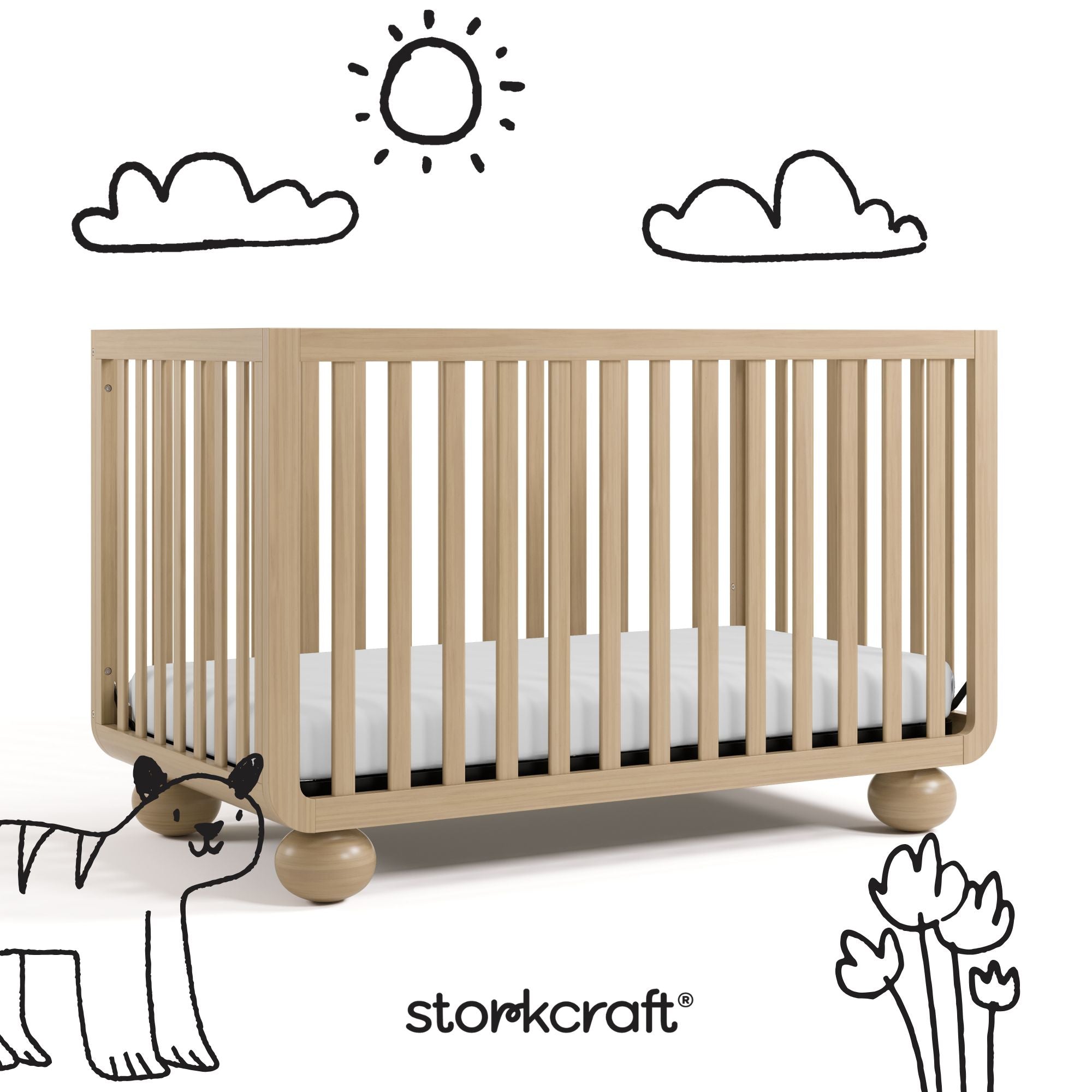 Amalfi driftwood crib with black doodles overlaid on image