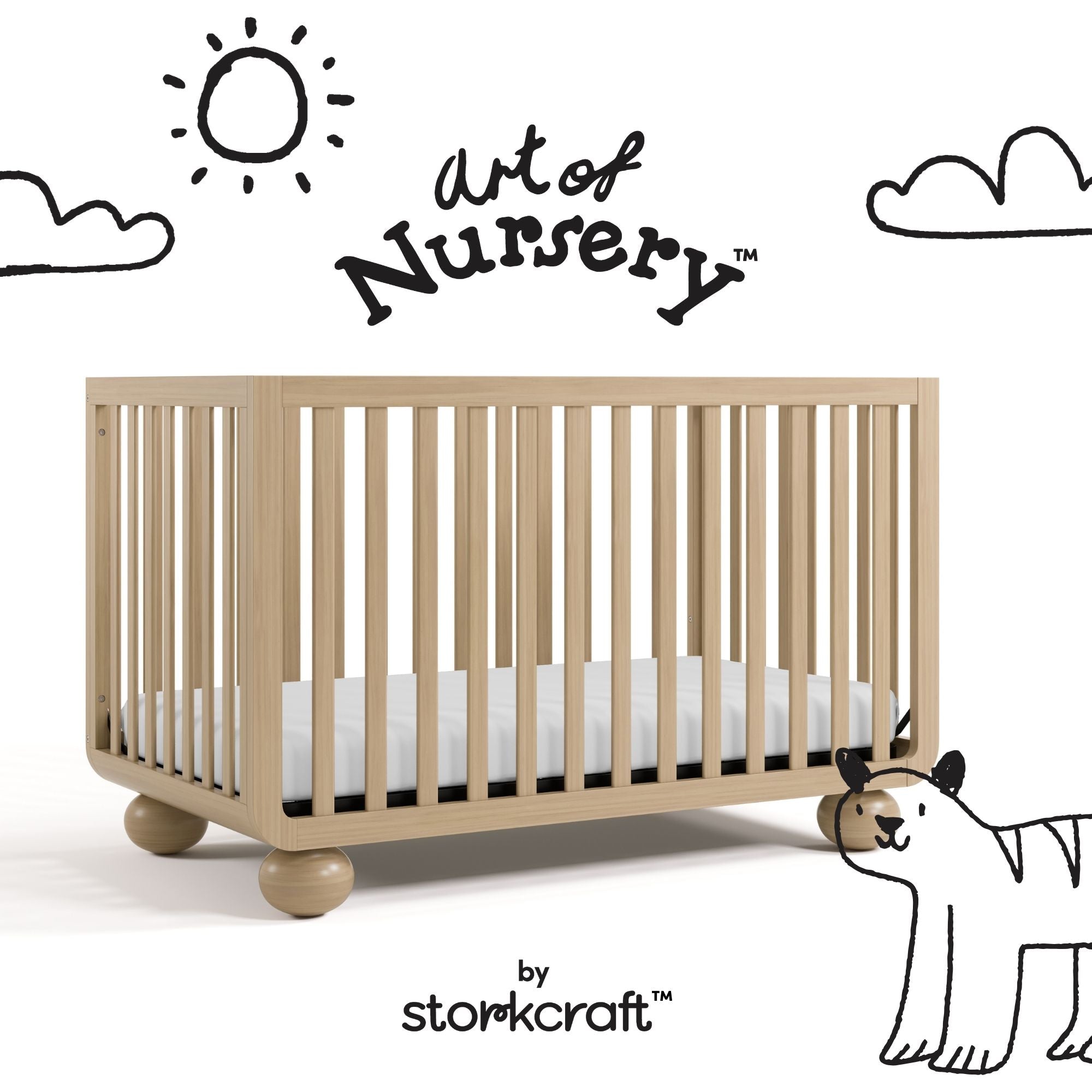 Amalfi driftwood crib with black doodles overlaid on image