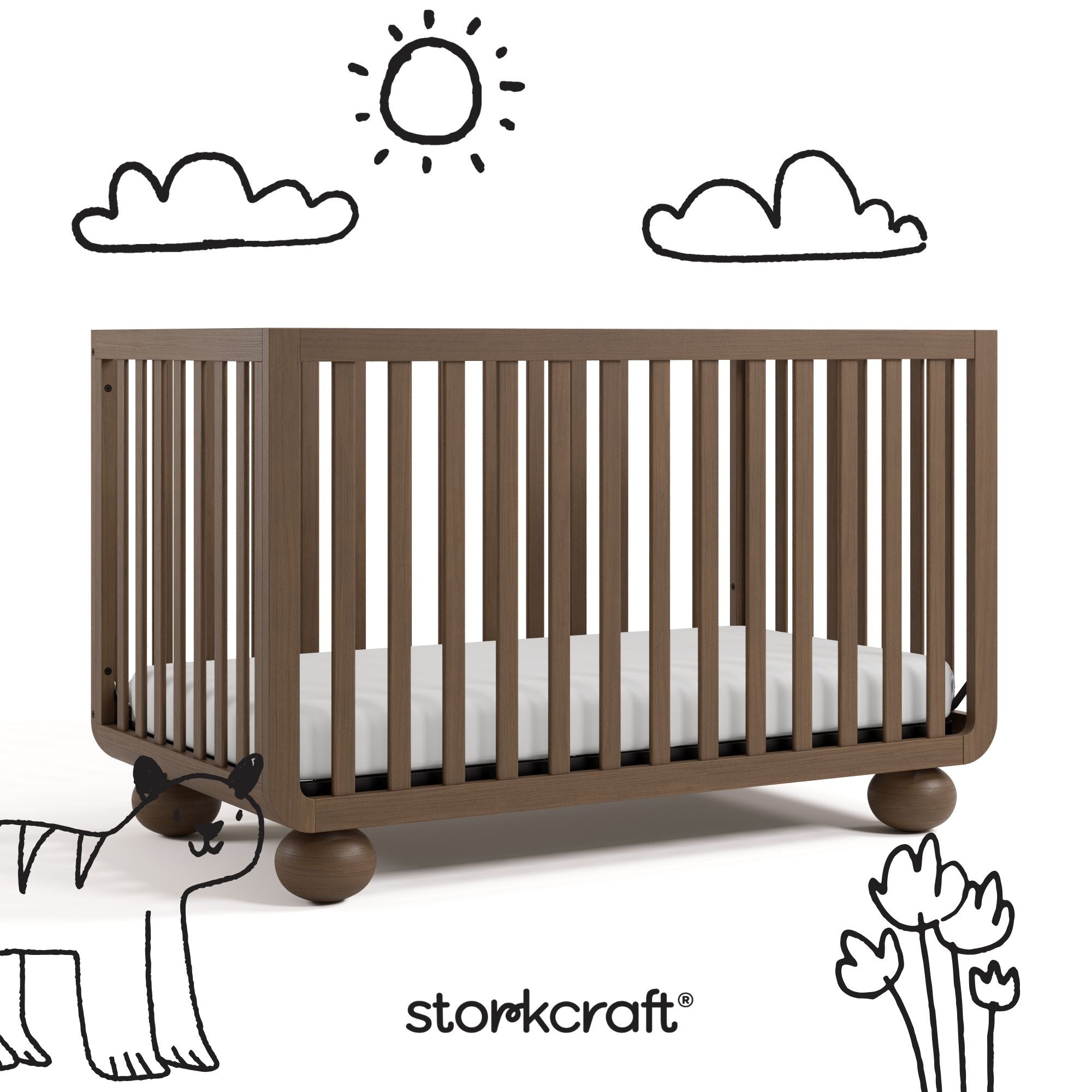 Amalfi hazelnut crib with black doodles overlaid on image