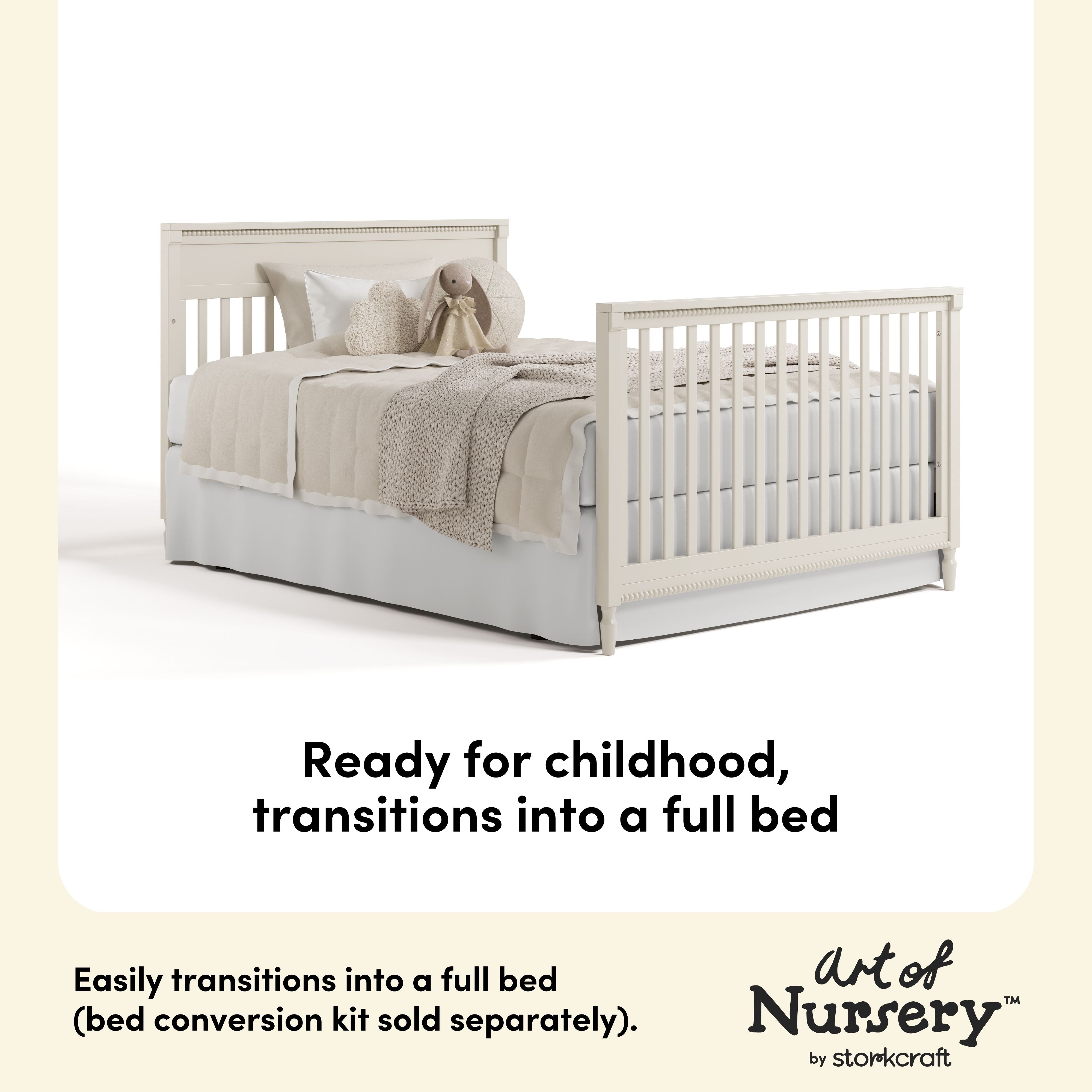 Valencia frosted oat crib full-size bed conversion callout