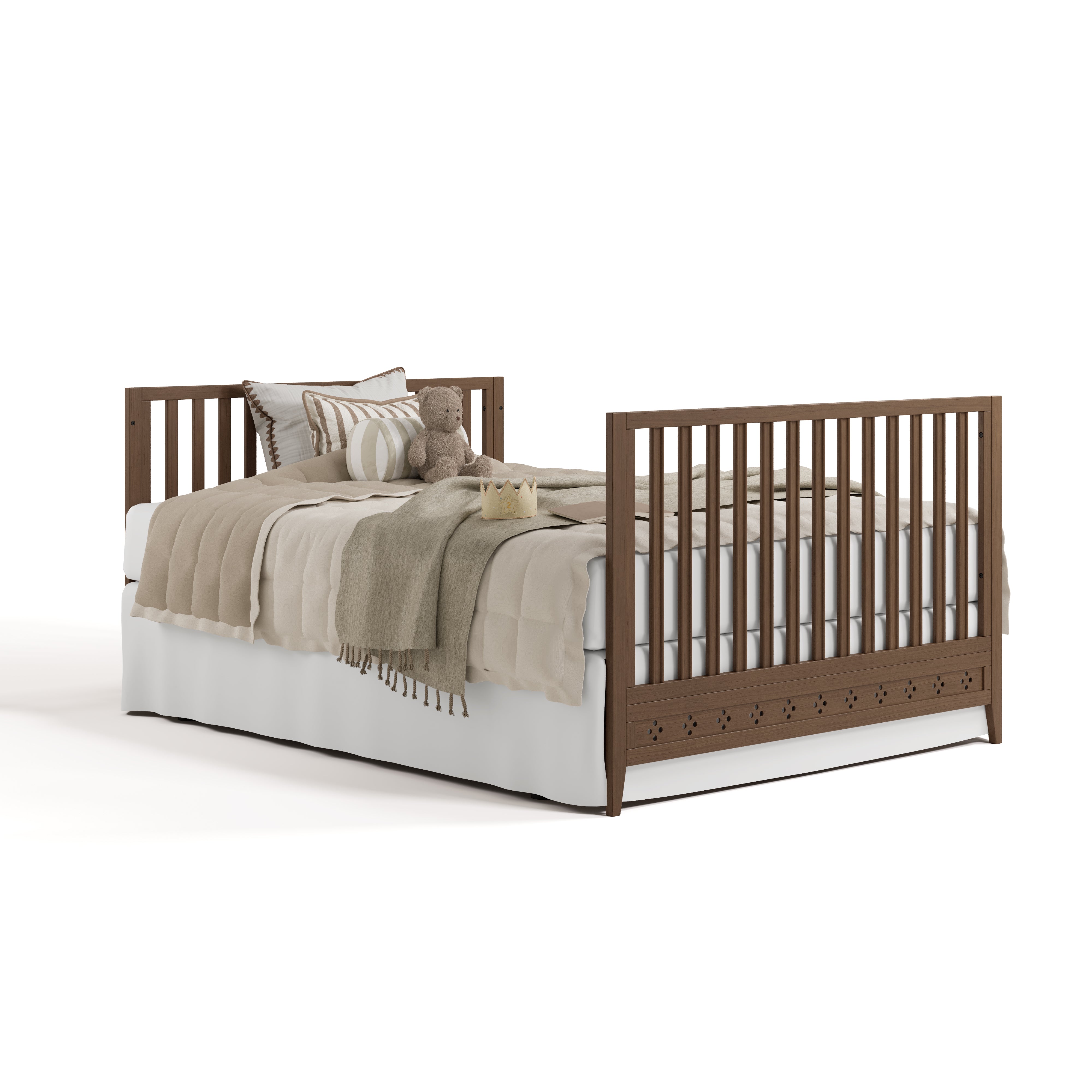 Mallorca hazelnut crib converted to full bed with footboard