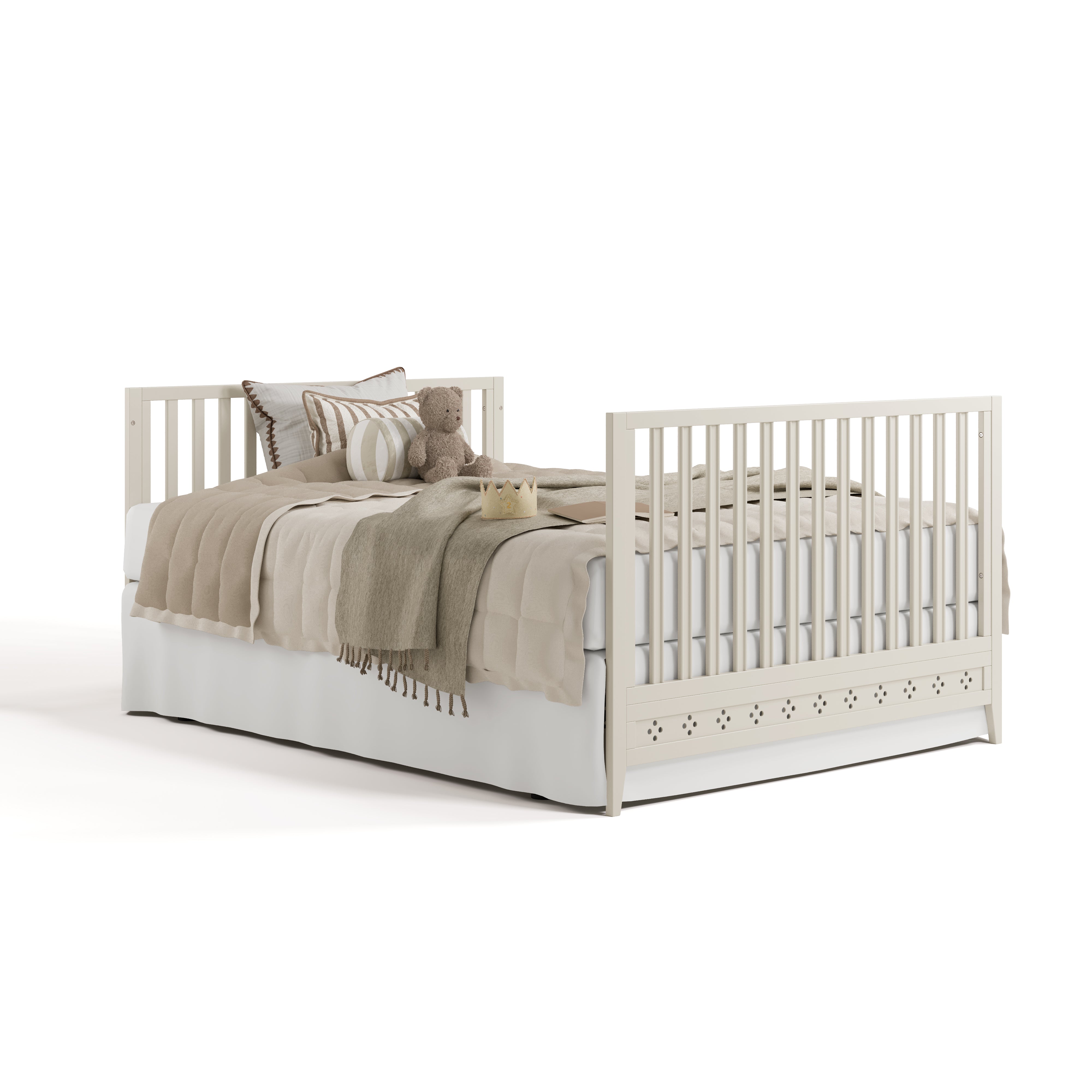 Mallorca frosted oat crib converted to full bed with footboard