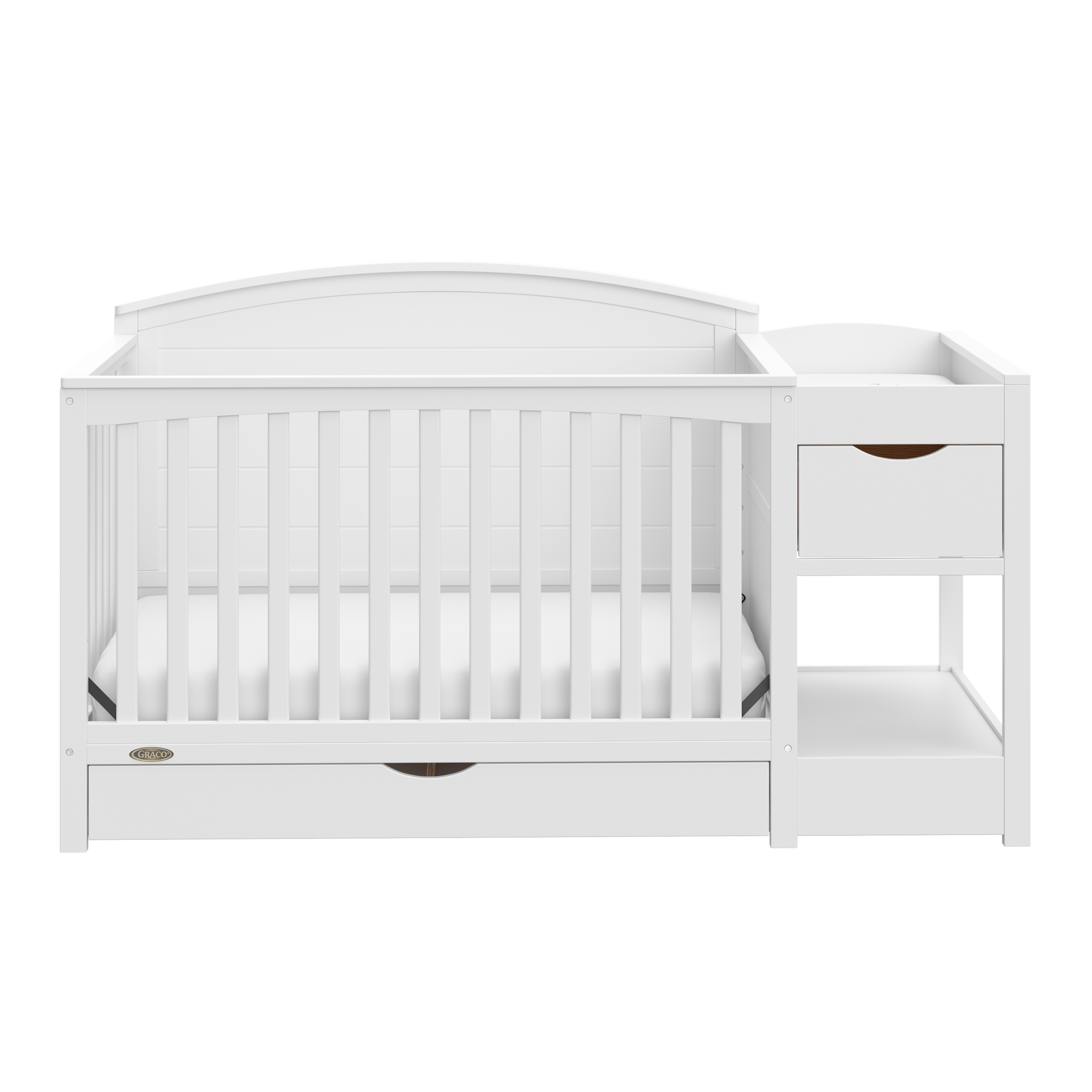 front view of white convertible crib and changer