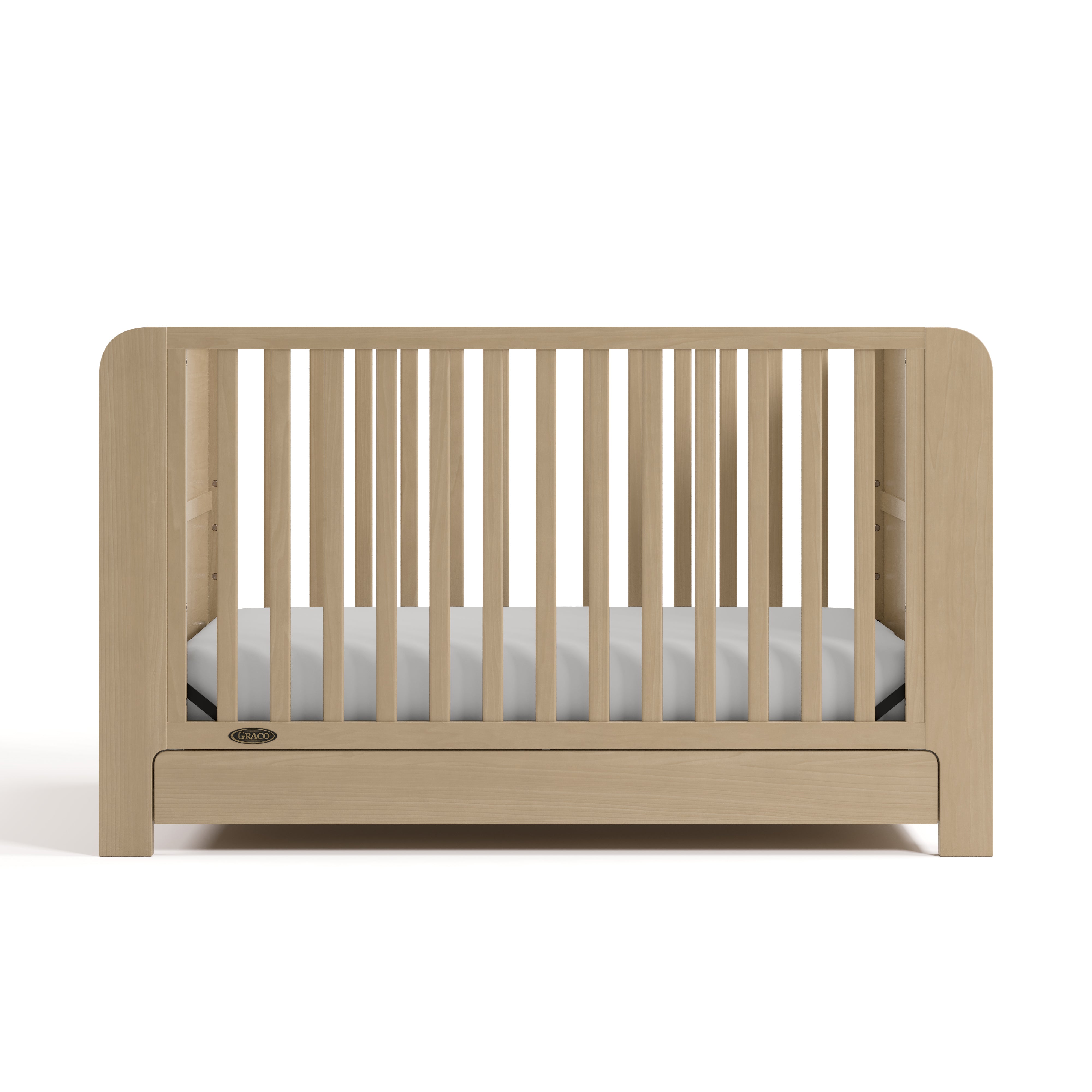 Read-with-Me driftwood crib with drawer front view