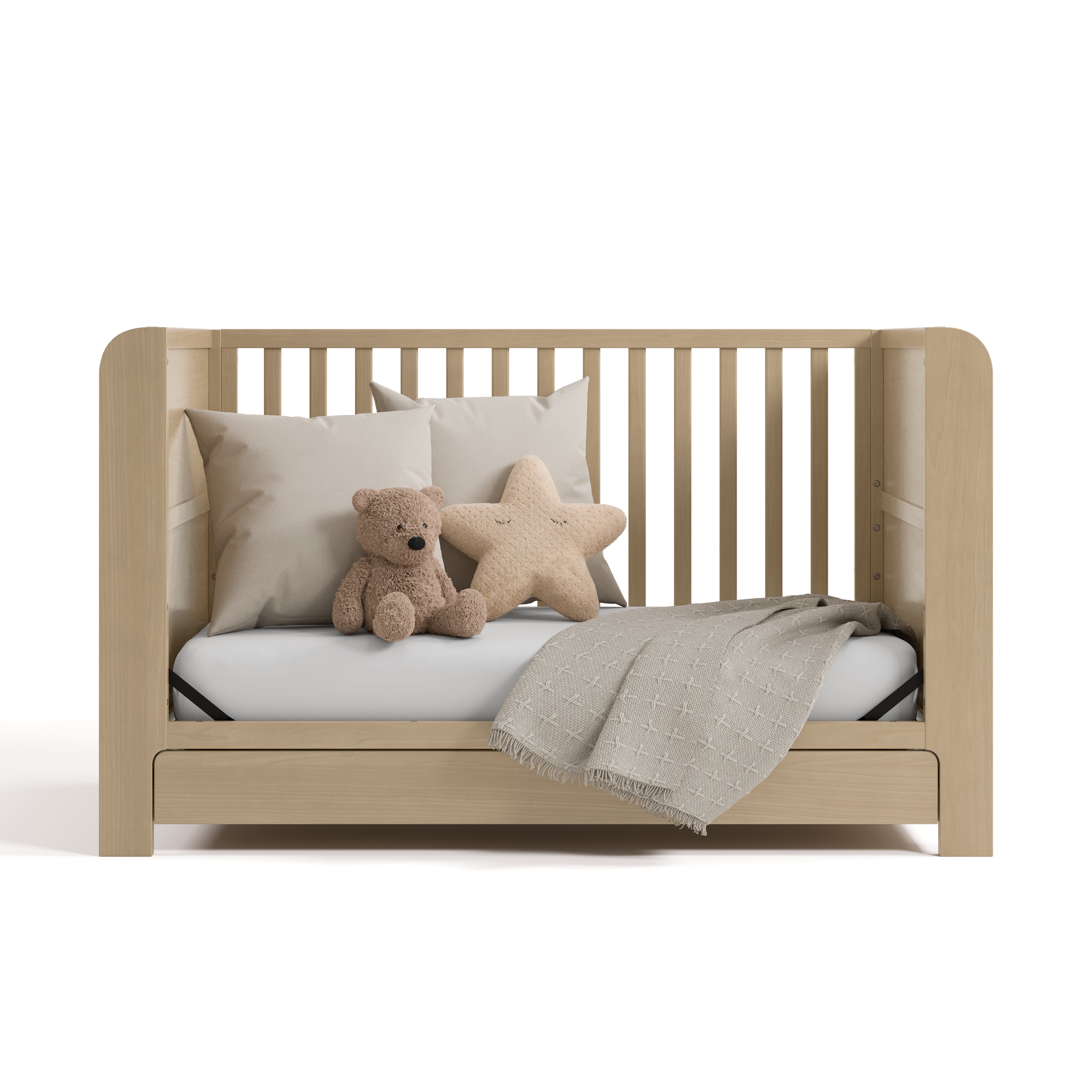Read-with-Me driftwood crib with drawer converted to daybed