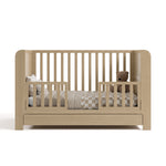 Read-with-Me driftwood crib with drawer converted to toddler bed