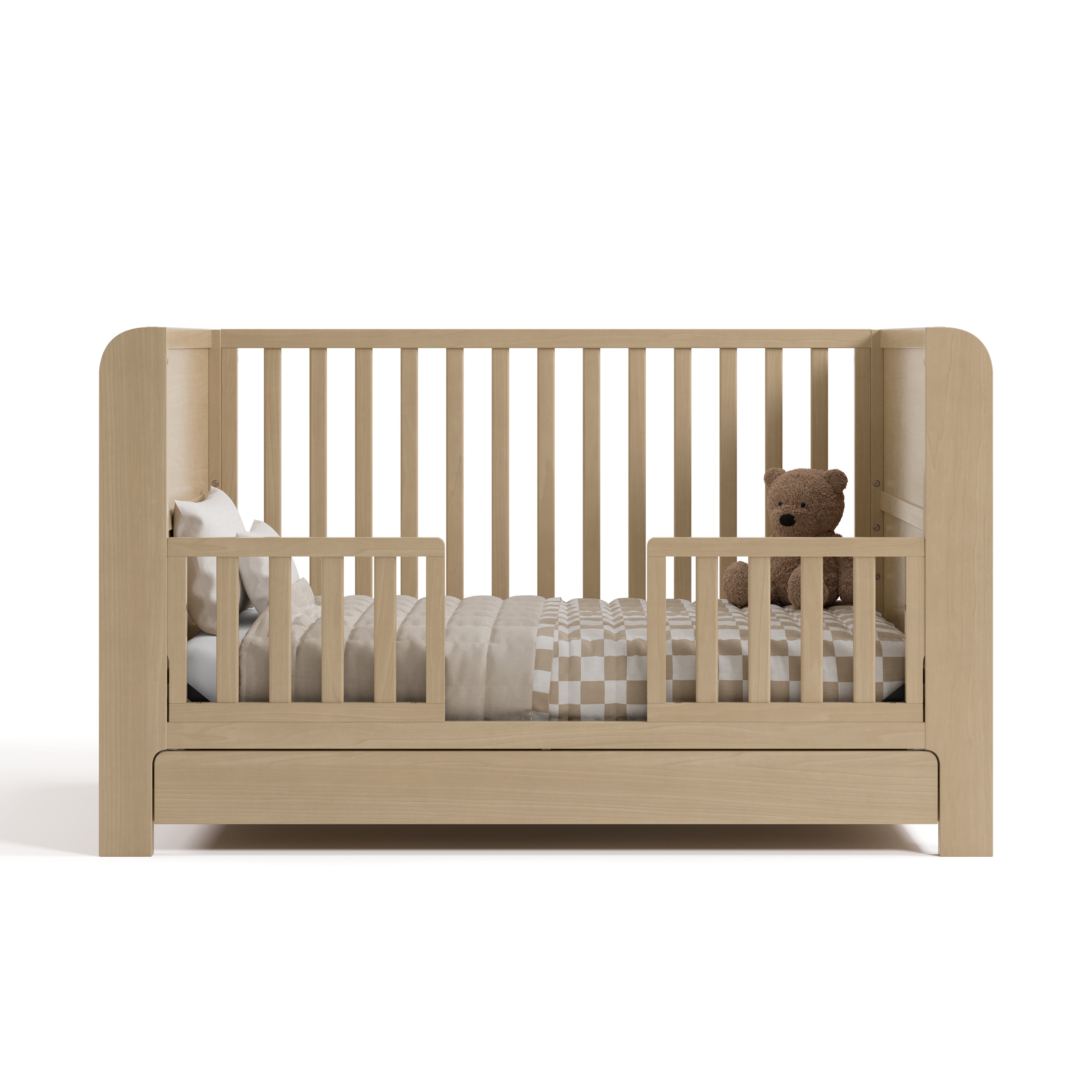 Read-with-Me driftwood crib with drawer converted to toddler bed