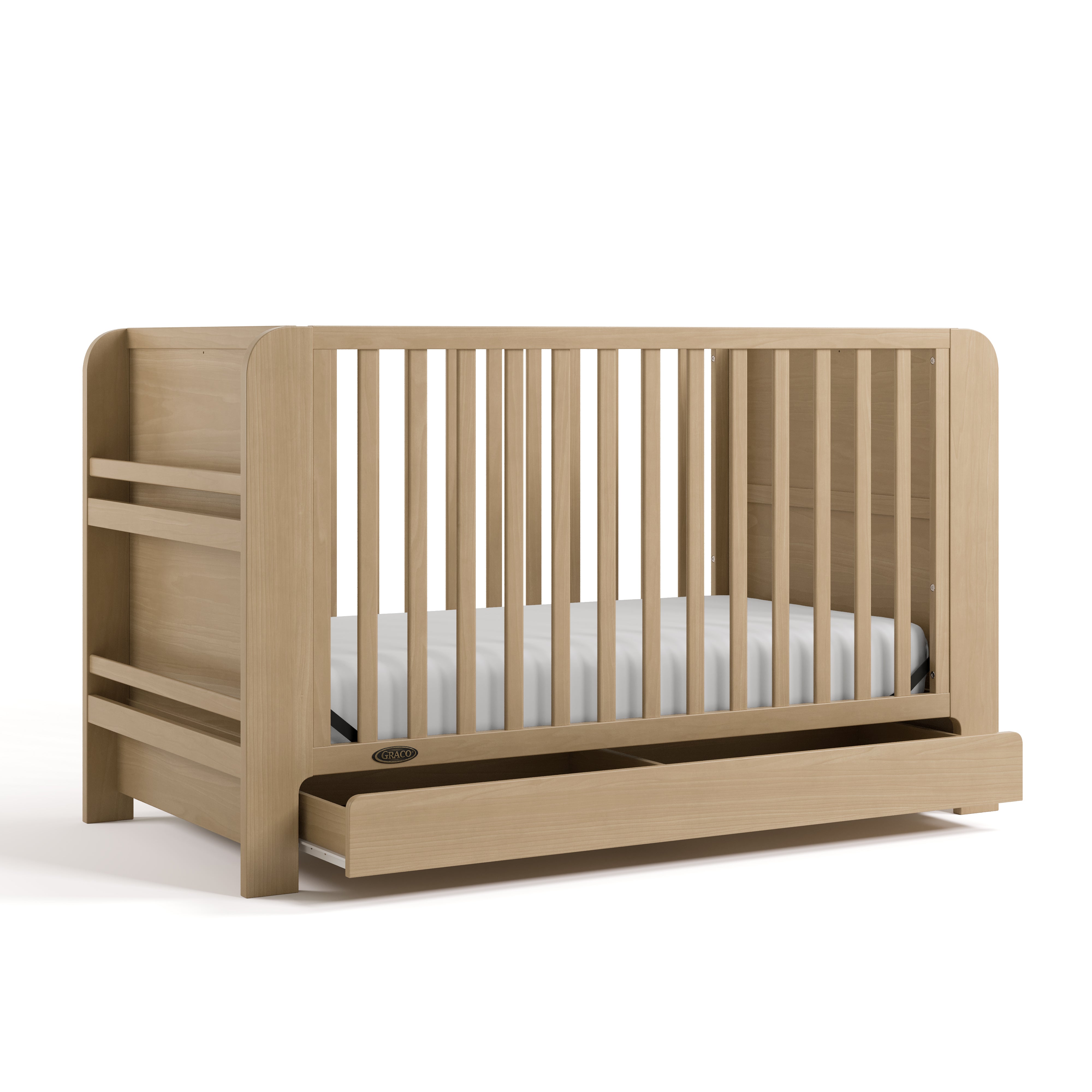 Read-with-Me driftwood crib with drawer open angle view