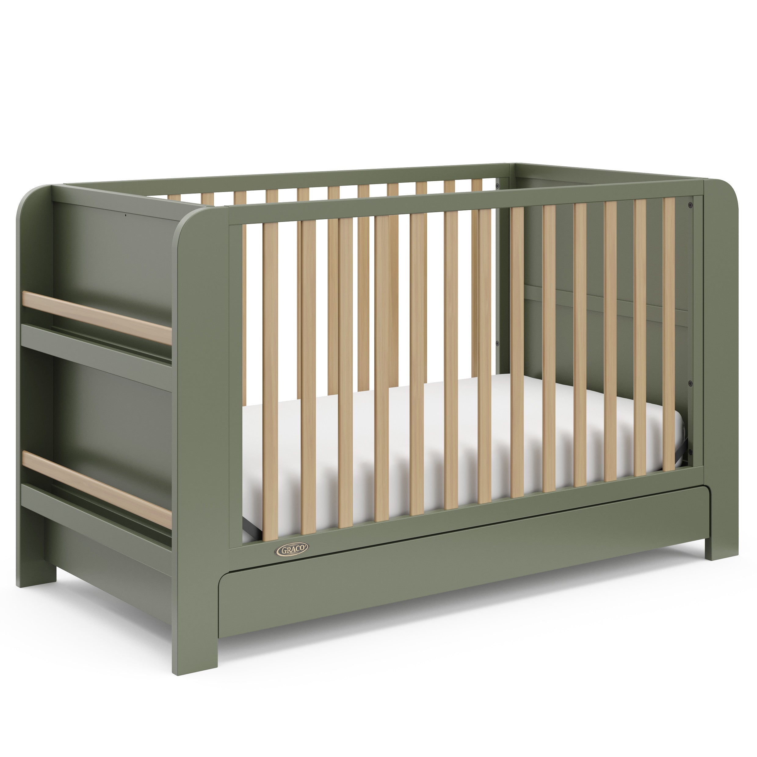 Read-with-me olive with driftwood crib angle view
