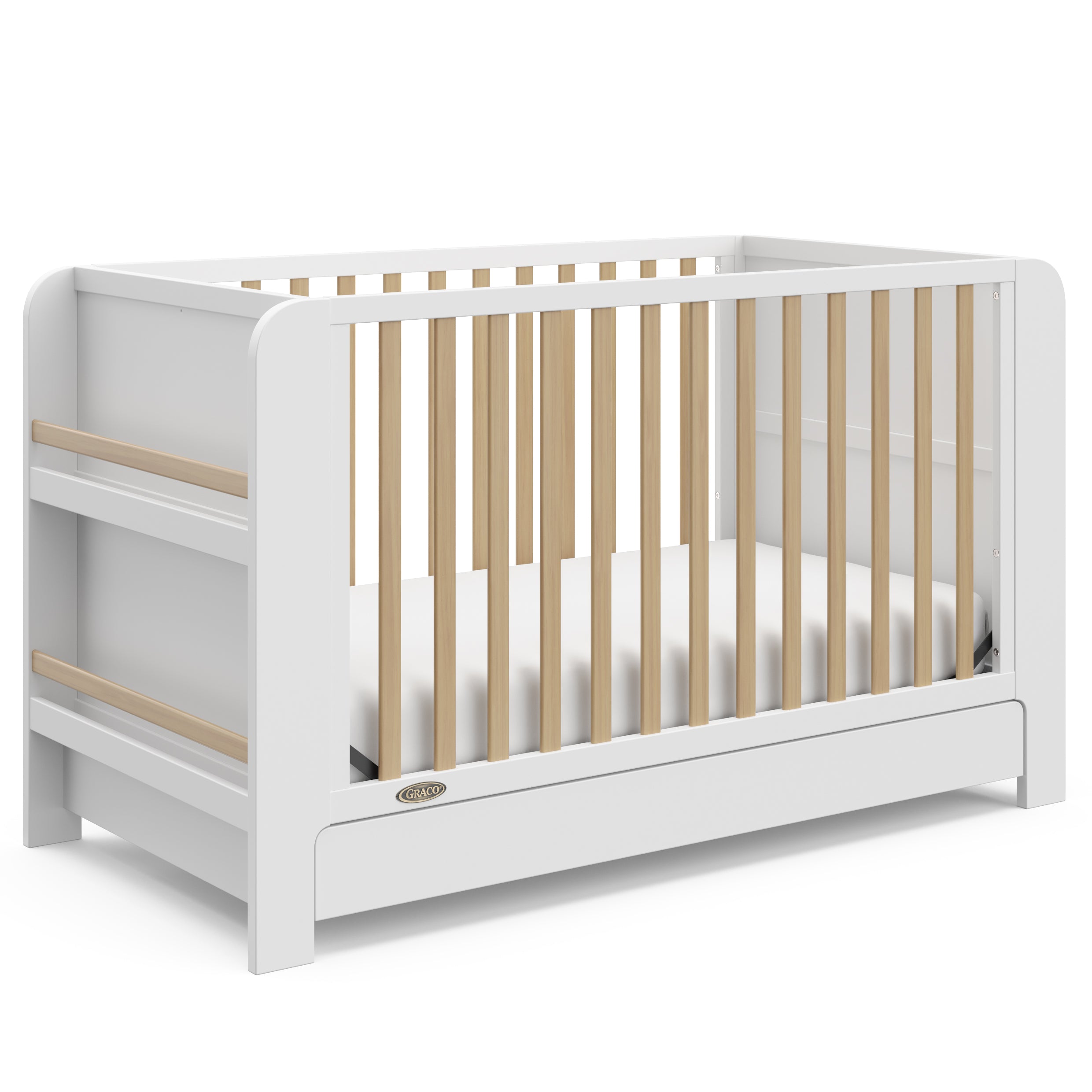 Read-with-me white with driftwood crib angle view