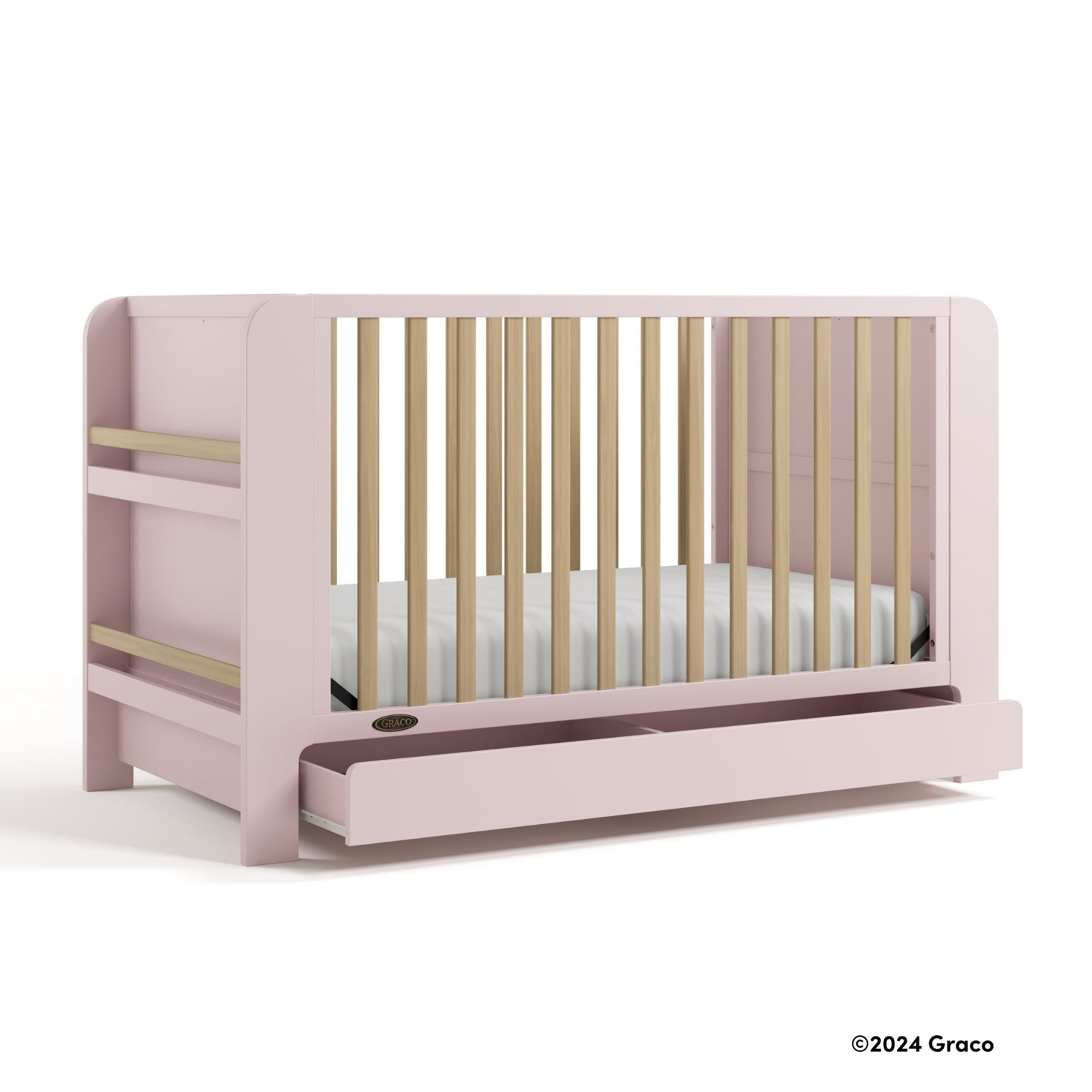 Read-with-me blush with driftwood crib with 2024 Graco copyright on bottom right