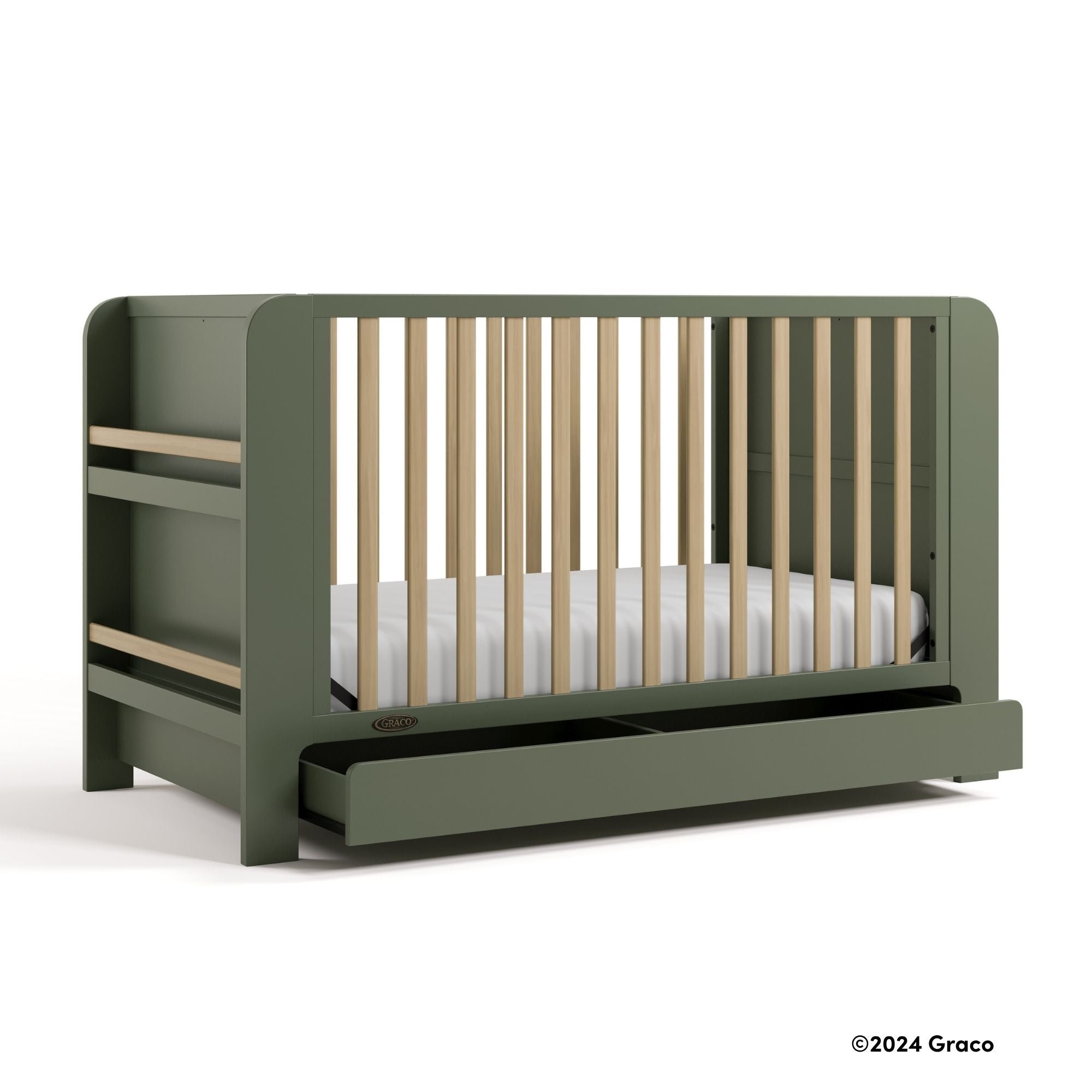 Read-with-me olive with driftwood crib with 2024 Graco copyright on bottom right