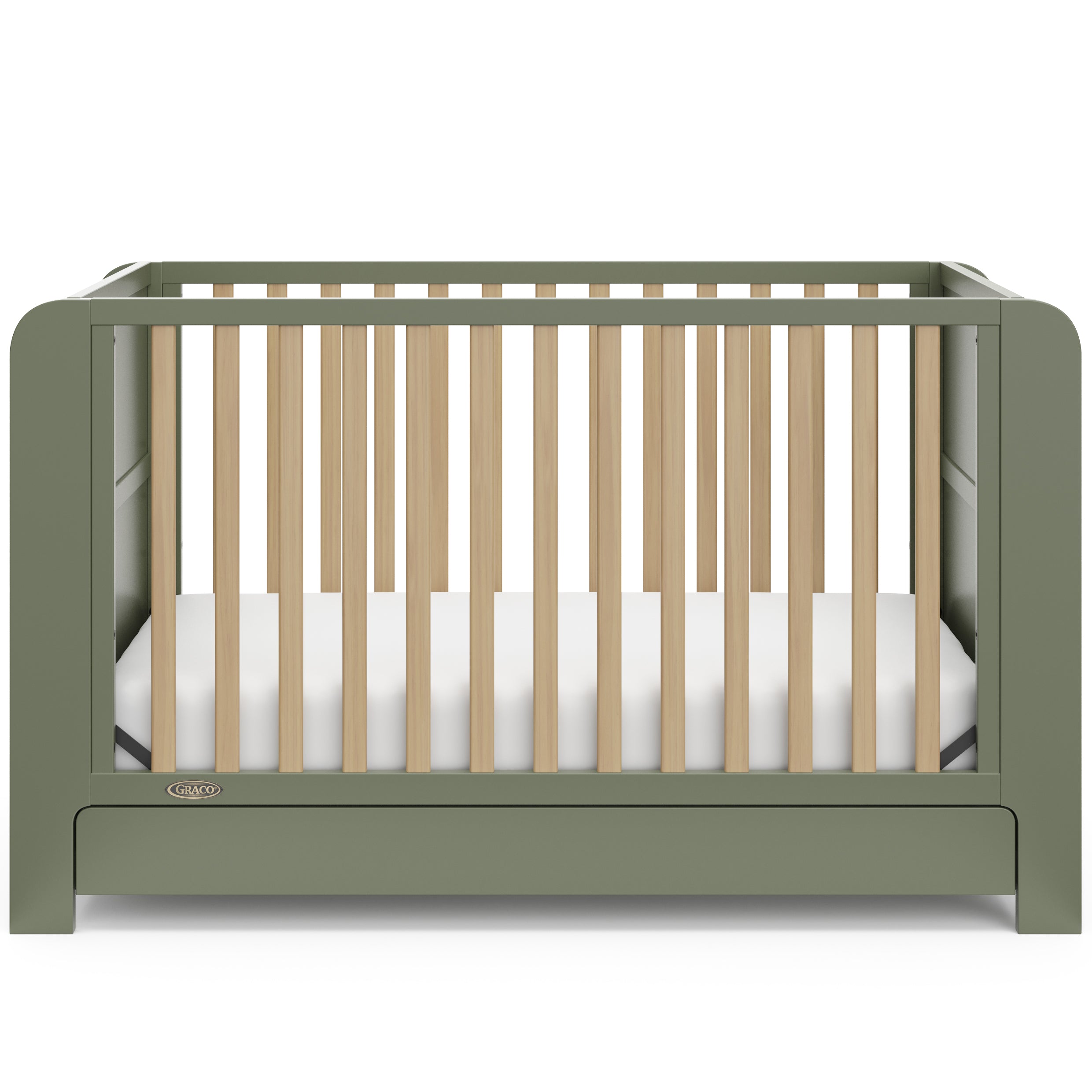 Read-with-me olive with driftwood crib front view
