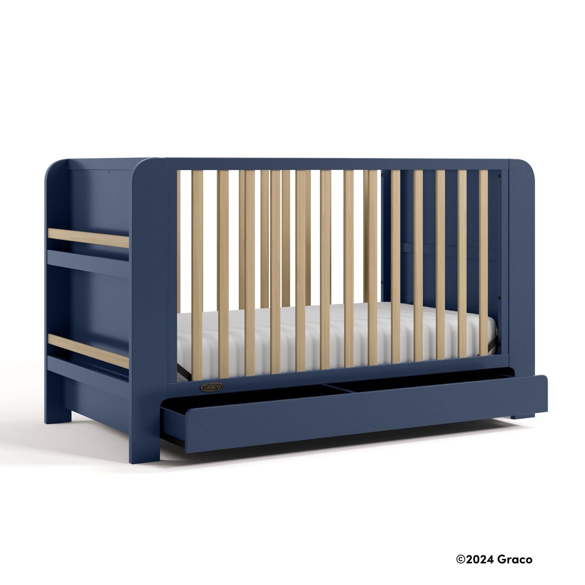 Read-with-me midnight blue with driftwood crib with 2024 Graco copyright on bottom right