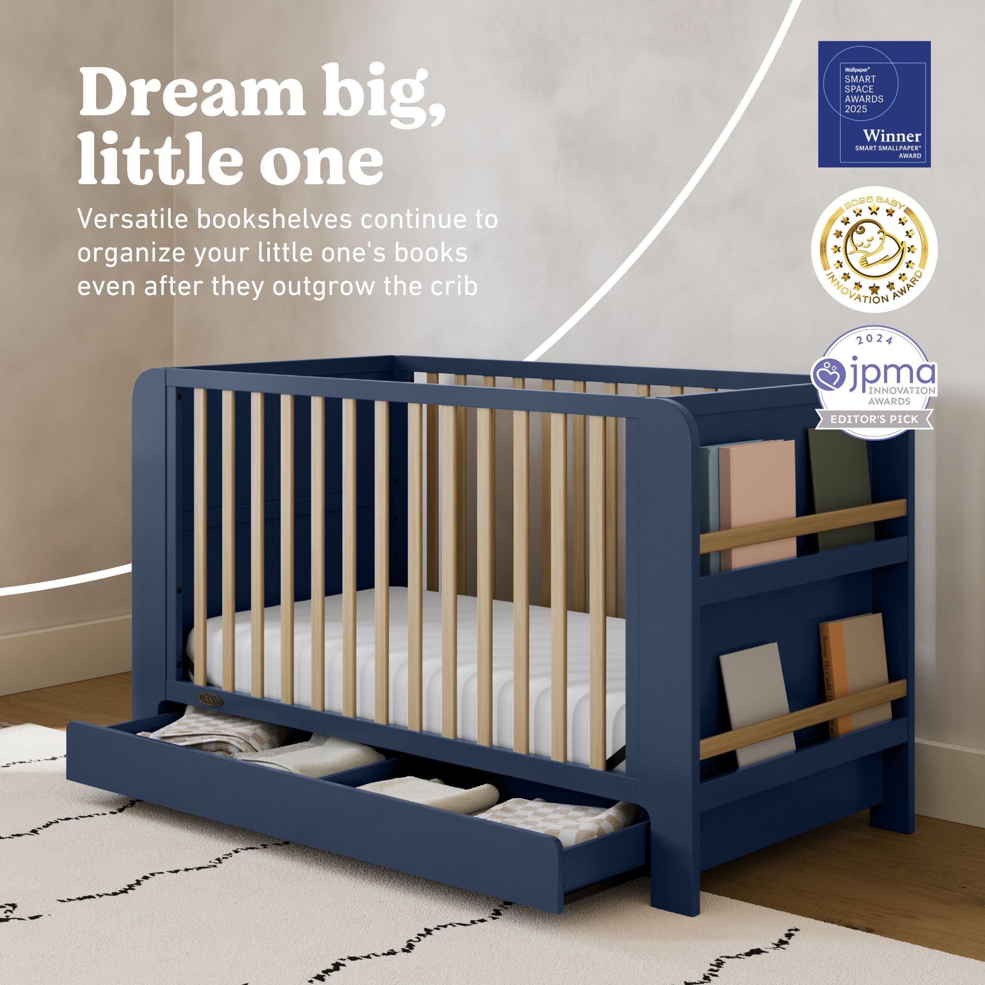 Read-with-me midnight blue with driftwood crib awards callout