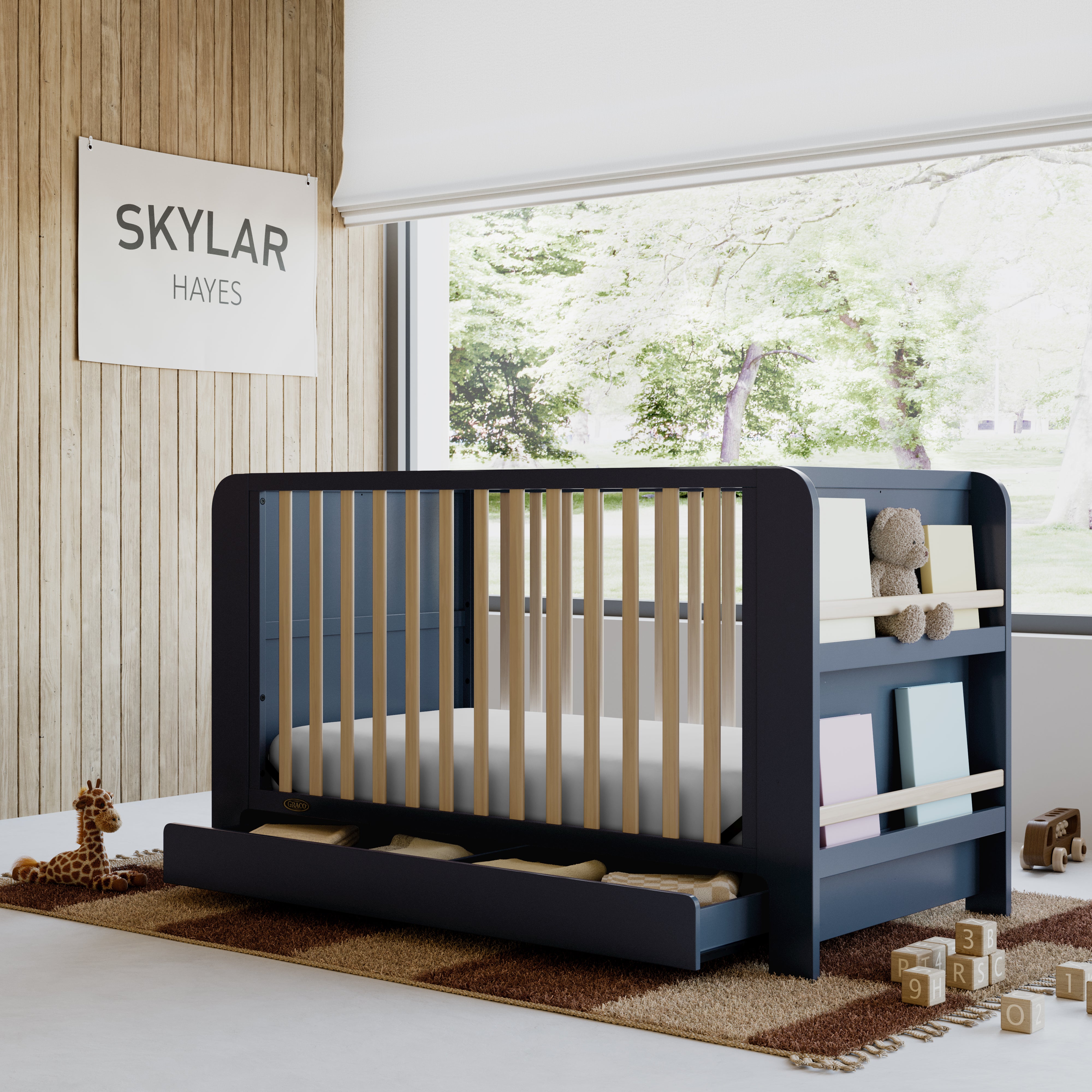 Graco Read-with-Me midnight blue with driftwood crib in nursery