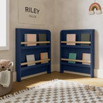 Read-with-me midnight blue with driftwood crib converted to two bookshelves in nursery